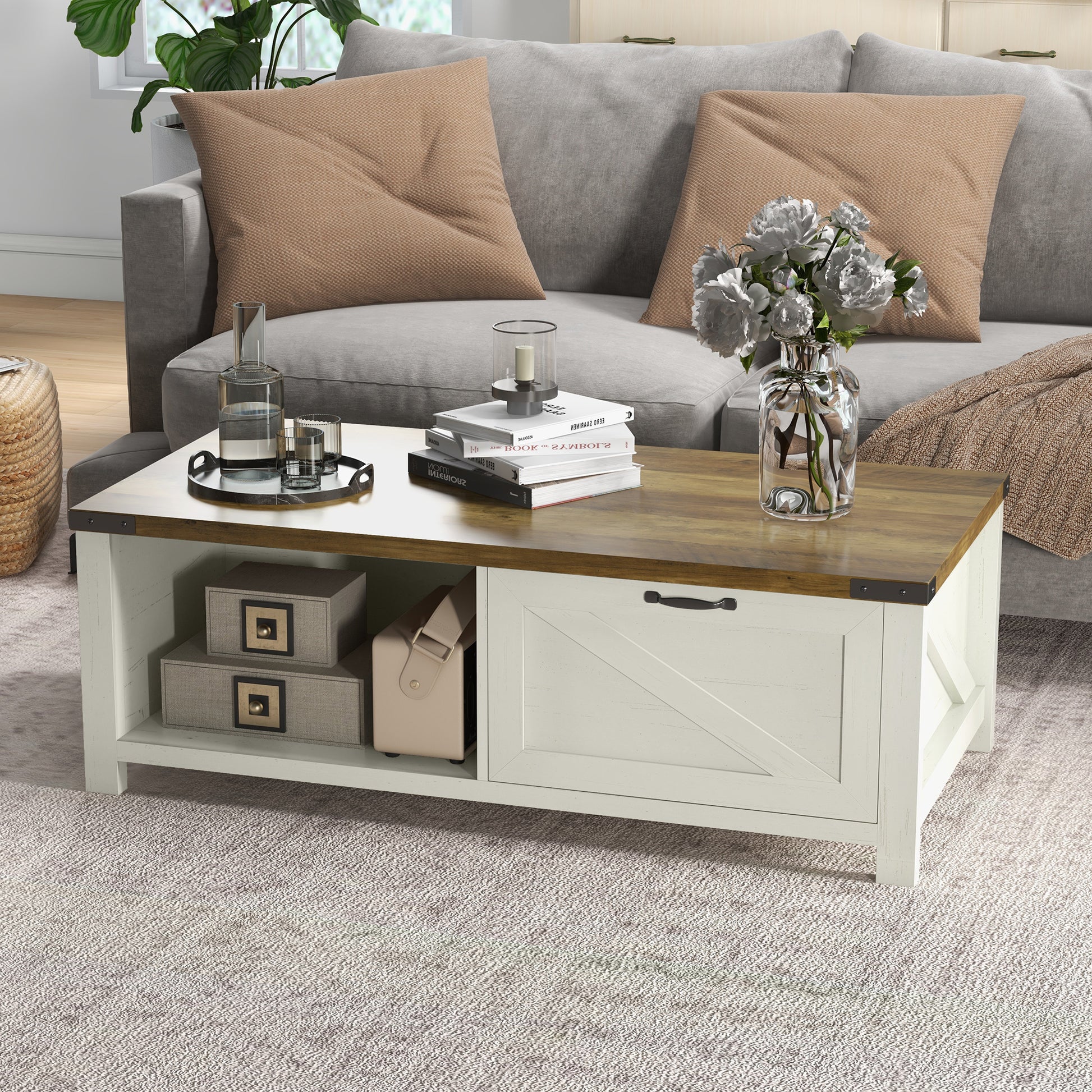 Homcom Farmhouse Coffee Table With Storage And Drawer, Rustic Coffee Table For Living Room, Open Shelf, White White Deep Walnut Particle Board