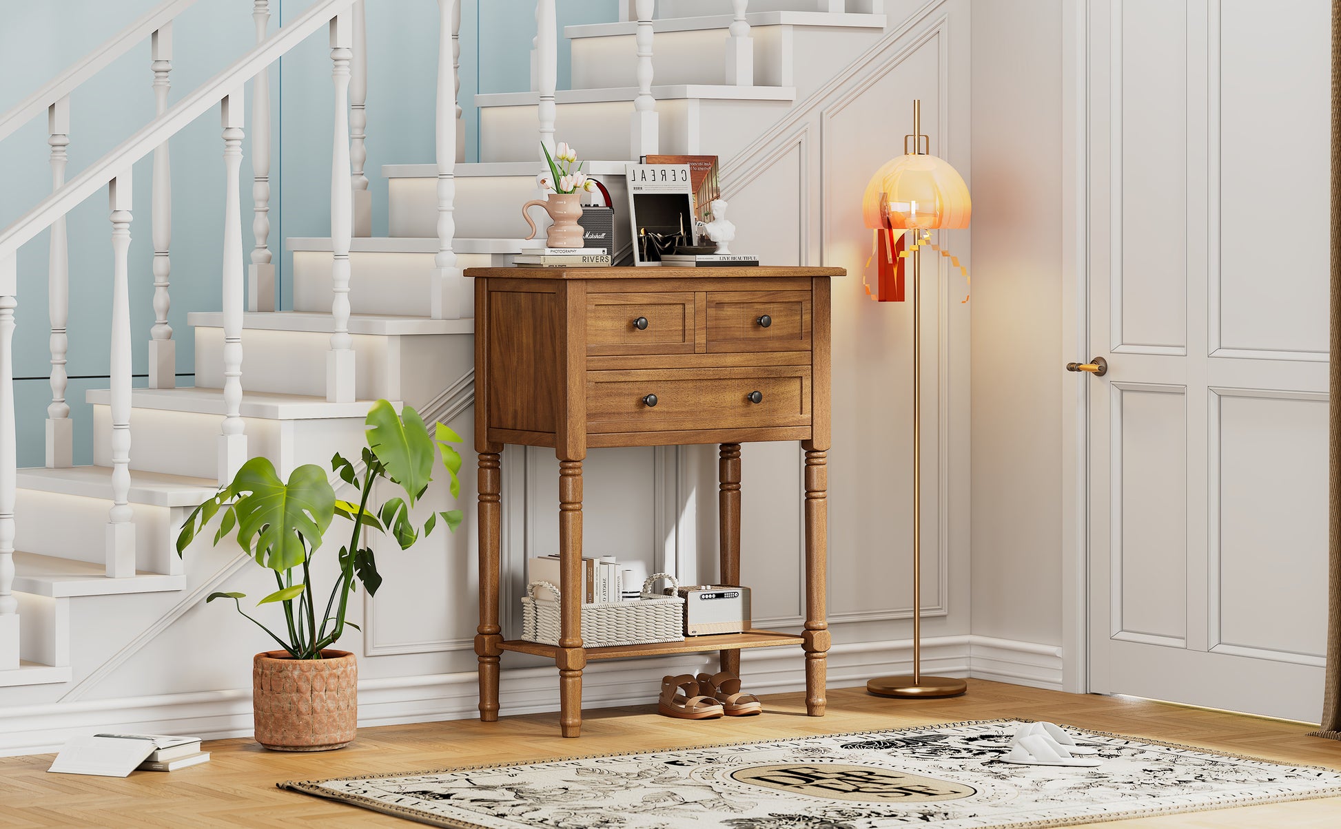 Narrow Console Table, Slim Sofa Table With Three Storage Drawers And Bottom Shelf Natural Natural Solid Wood Mdf