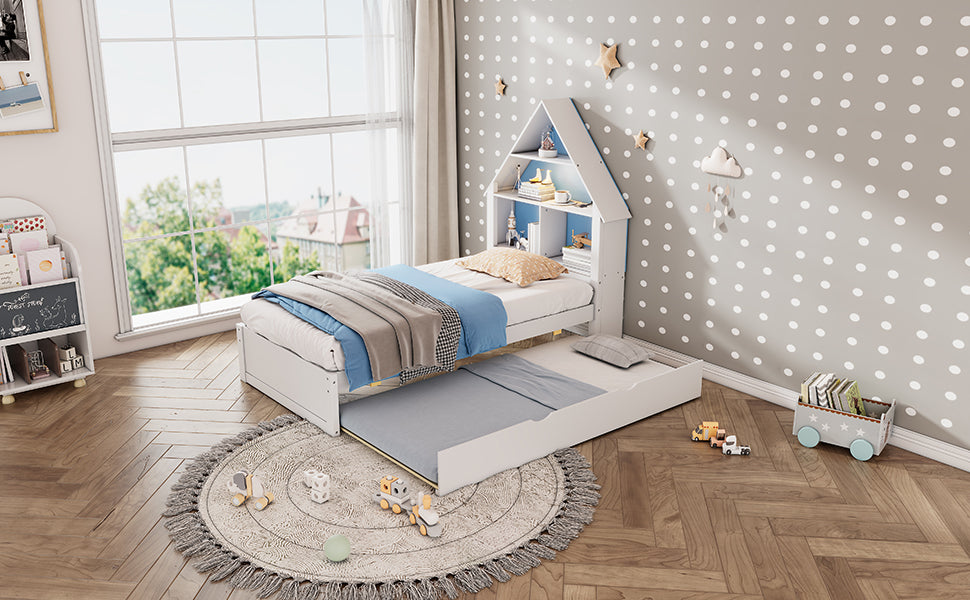 Twin Size House Shaped Bed With Bookcase Headboard And Led Light And Twin Size Trundle For Kids Boys Girls, Blue White Box Spring Not Required Twin White Blue Wood Bedroom Cute Bed Frame Wood