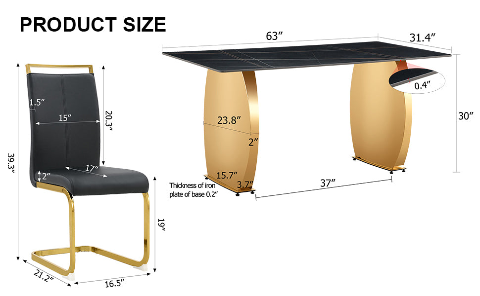 Table And Chair Set,Modern Rectangular Table With 0.4 Inch Black Patterned Tabletop And Gold Legs, Suitable For Kitchen, Dining Room, And Living Roomcomfortable Pu Seats,Perfect For Dinner, Meet Black Seats 6 Sintered Stone