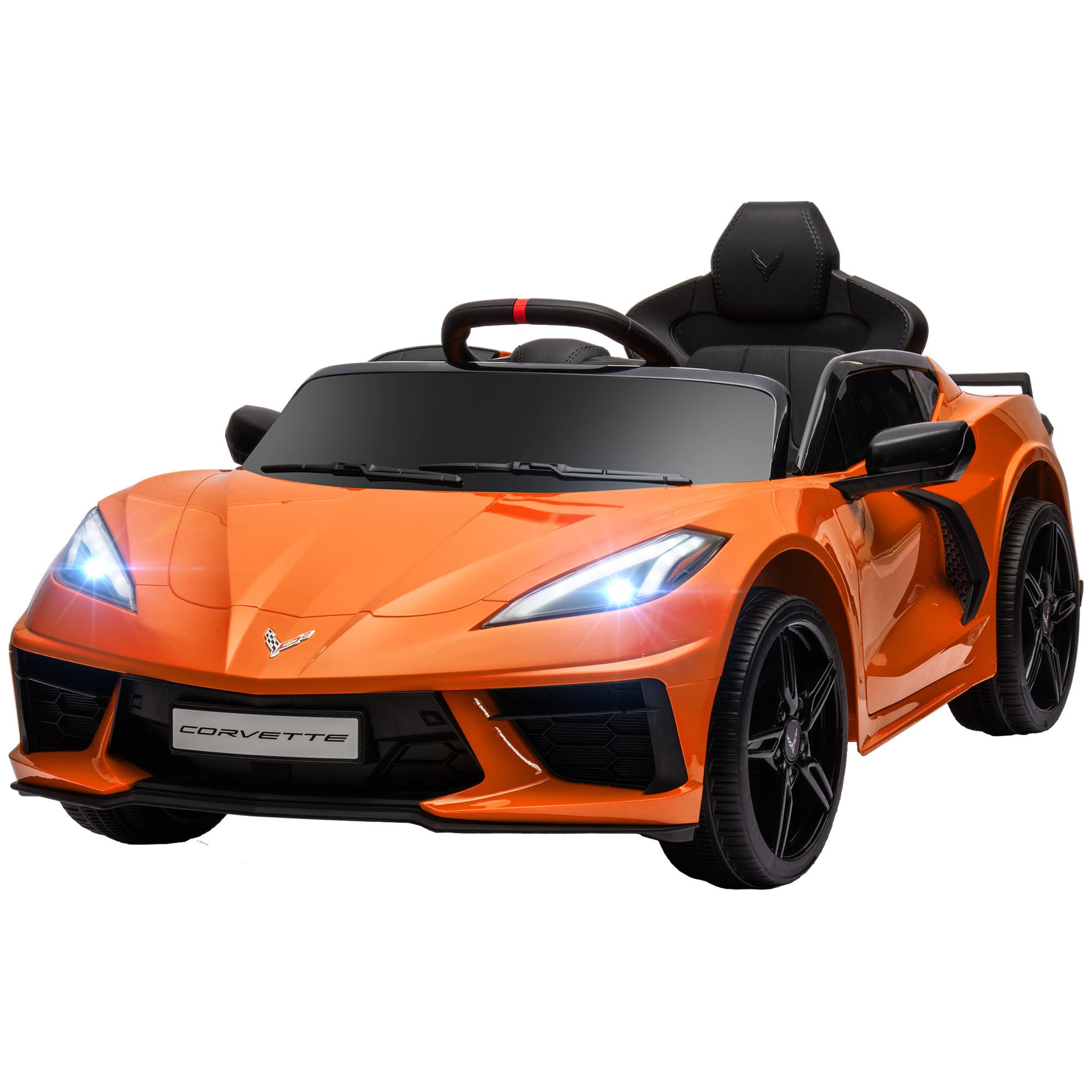 Qaba Electric Car For Kids, 12V Chevrolet Corvette Licensed Kids Car With Parental Remote Control, Suspension System, Music, Horn, Headlight, Slow Start, Kids Electric Car For 3 6 Years, Orange Orange Plastic