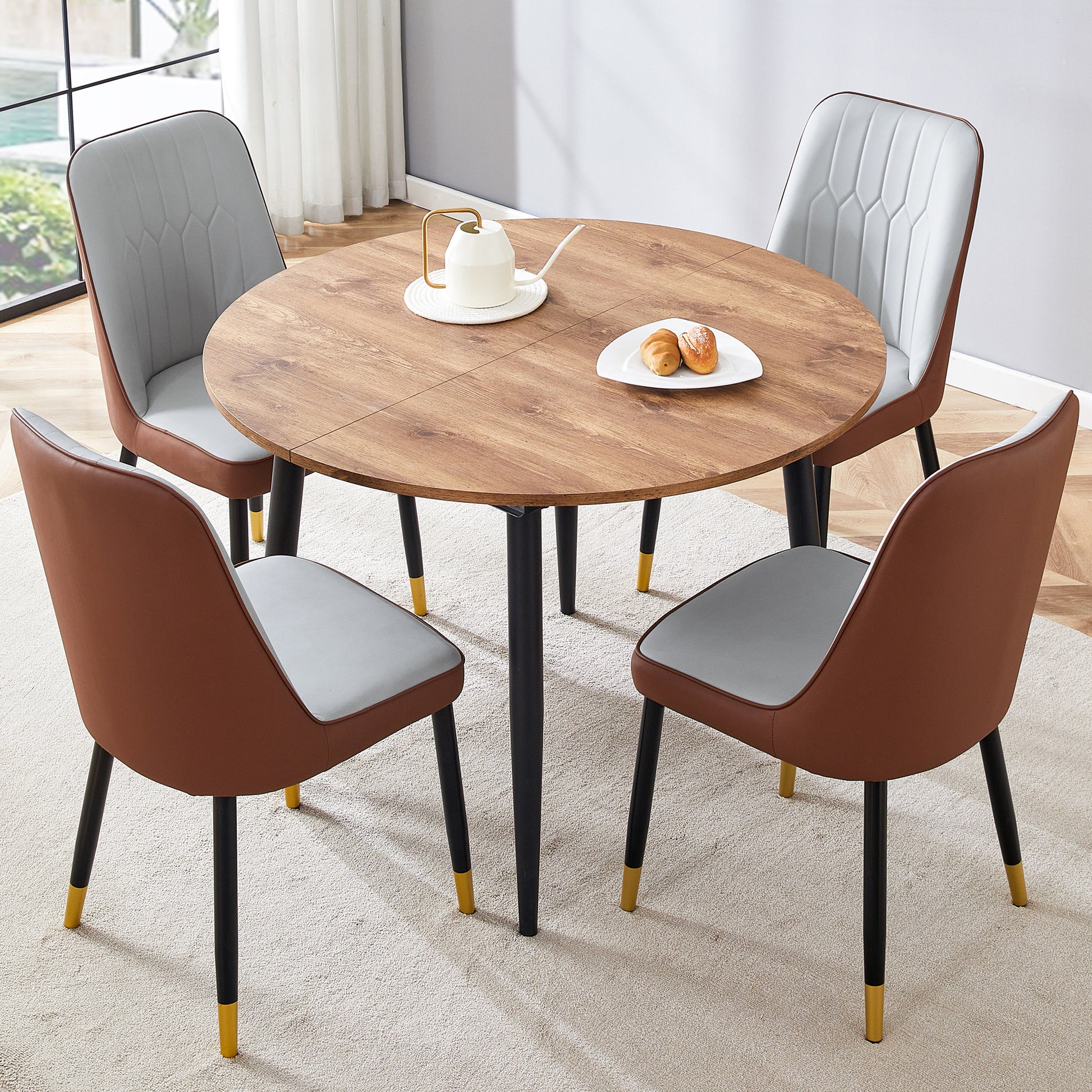 Table And Chair Set.Modern Extendable Wood Mdf Dining Table.The Table Has A Telescopic Design, Suitable For Gatherings Of Different Size.Paired With 4 Chairs With Pu Cushions And Black Metal Legs. Brown,Wood Seats 4 Mdf Metal