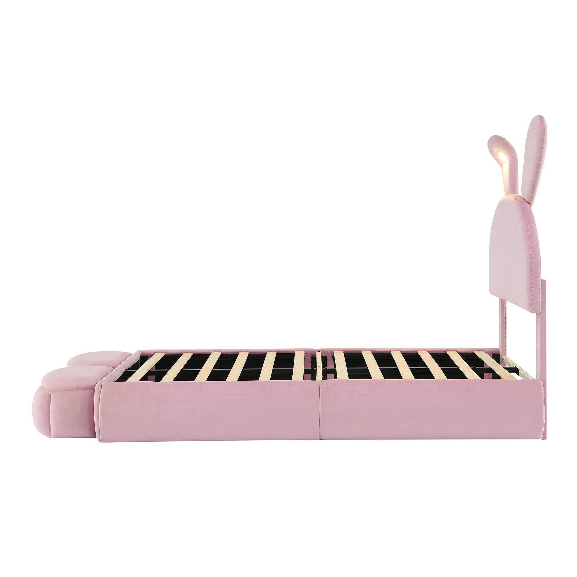 Twin Size Upholstered Platform Bed With Cartoon Ears Shaped Headboard And Light, Pink Box Spring Not Required Twin Pink Wood Bedroom Bed Frame Velvet Upholstered