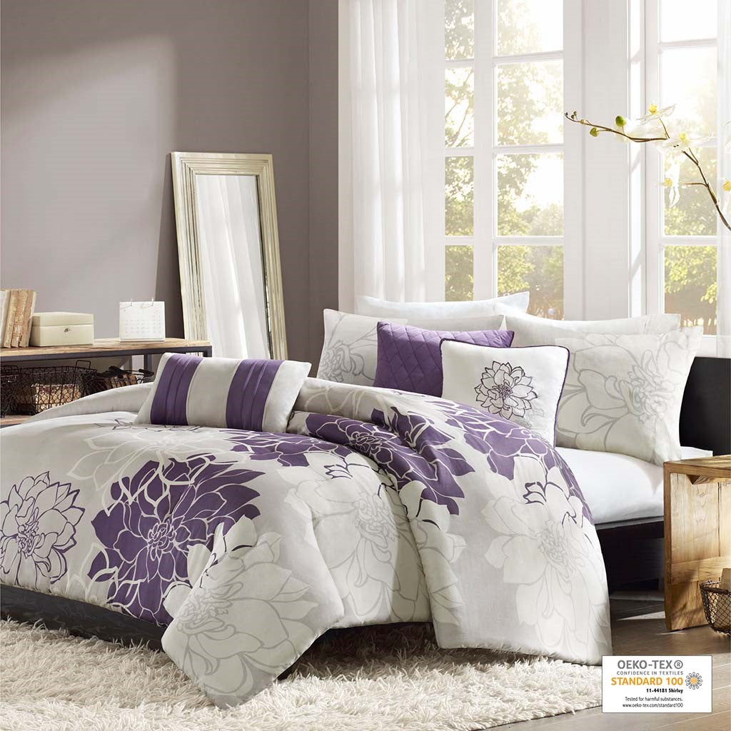 6 Piece Printed Duvet Cover Set King Purple Polyester