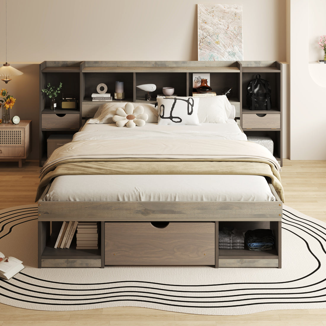 Queen Size Wood Platform Bed With Multi Storage Headboard And A Drawer, Gray Box Spring Not Required Queen Gray Wood Bedroom Bed Frame Solid Wood Mdf