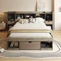 Queen Size Wood Platform Bed With Multi Storage Headboard And A Drawer, Gray Box Spring Not Required Queen Gray Wood Bedroom Bed Frame Solid Wood Mdf