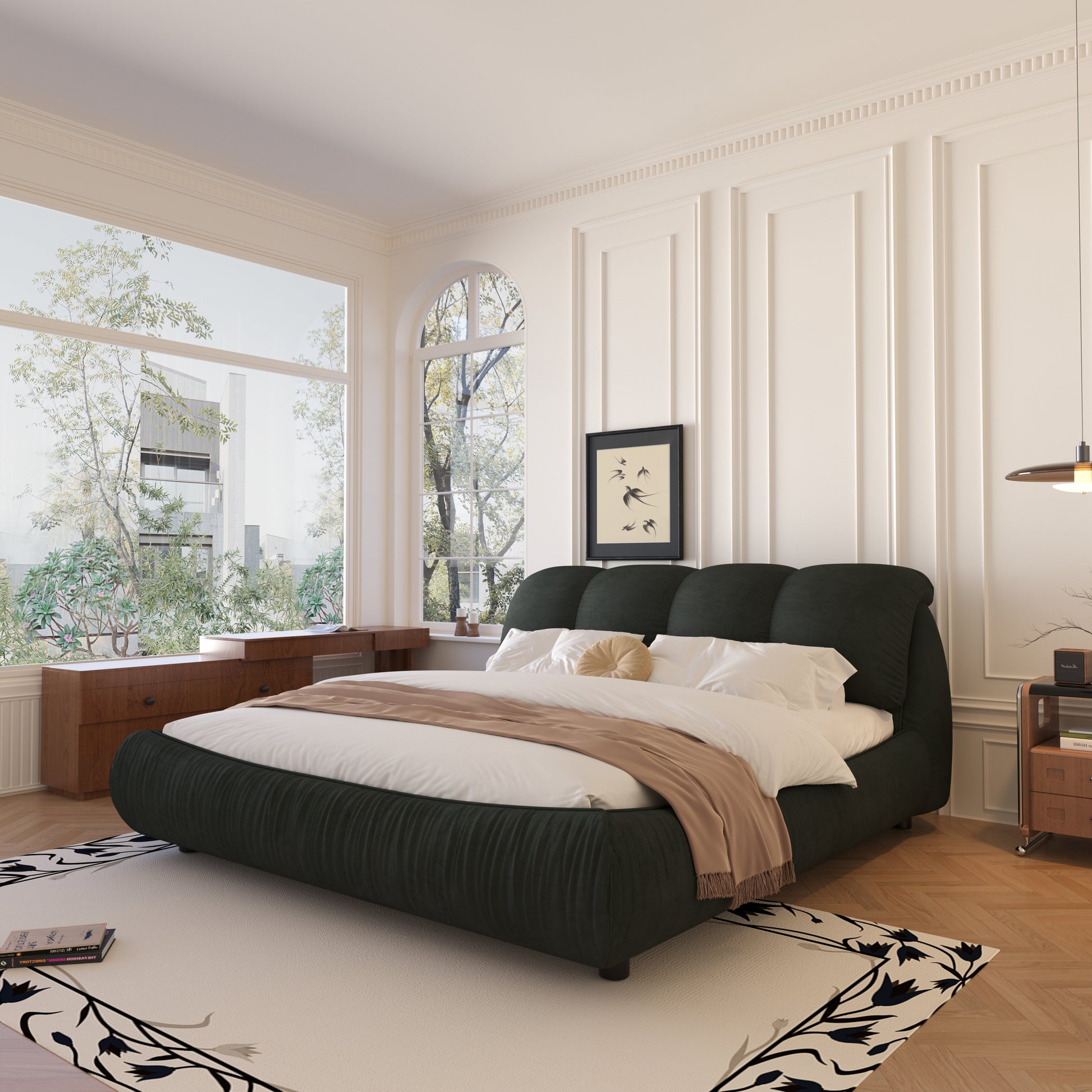 Queen Size Upholstered Platform Bed With Oversized Padded Backrest, Thickening Pinewooden Slats And Solid Wood Leg,Black Box Spring Not Required Queen Black Wood Pine Solid Wood