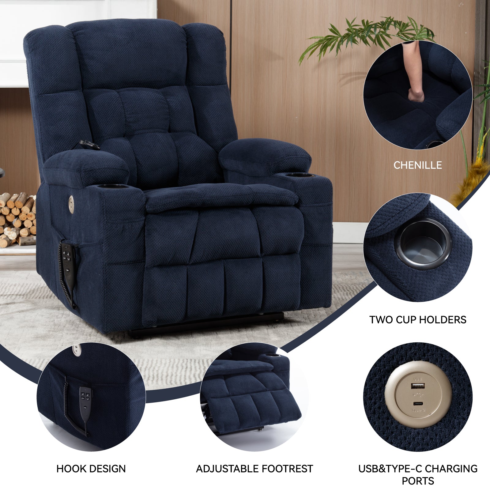 Blue Dual Motor Infinite Position Up To 350 Lbs Chenille Power Lift Recliner Chair, Heavy Duty Motion Mechanism With 8 Point Vibration Massage And Lumbar Heating, Dual Cup Holders White Metal