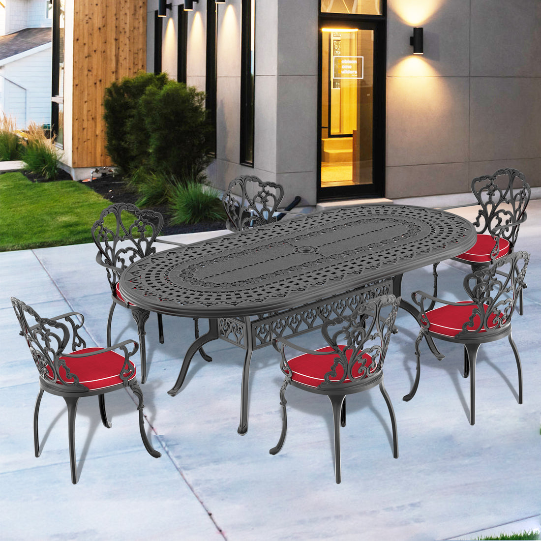 Cushions In Random Colors 7 Piece Set Of Cast Aluminum Patio Furniture With Cushions Yes Dining Set Black Seats 6 Rust Resistant Frame Water Resistant Cushion Garden & Outdoor Complete Patio Sets Aluminium