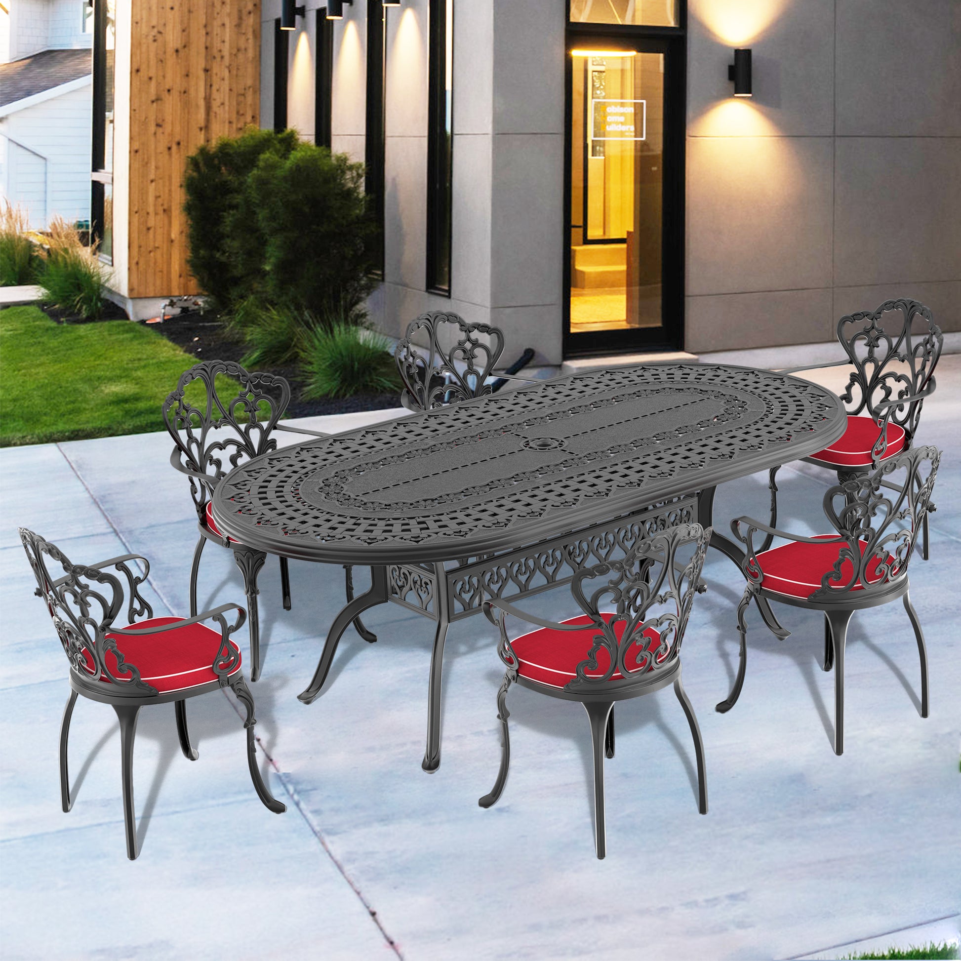 Cushions In Random Colors 7 Piece Set Of Cast Aluminum Patio Furniture With Cushions Yes Dining Set Black Seats 6 Rust Resistant Frame Water Resistant Cushion Garden & Outdoor Complete Patio Sets Aluminium