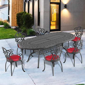 Cushions In Random Colors 7 Piece Set Of Cast Aluminum Patio Furniture With Cushions Yes Dining Set Black Seats 6 Rust Resistant Frame Water Resistant Cushion Garden & Outdoor Complete Patio Sets Aluminium