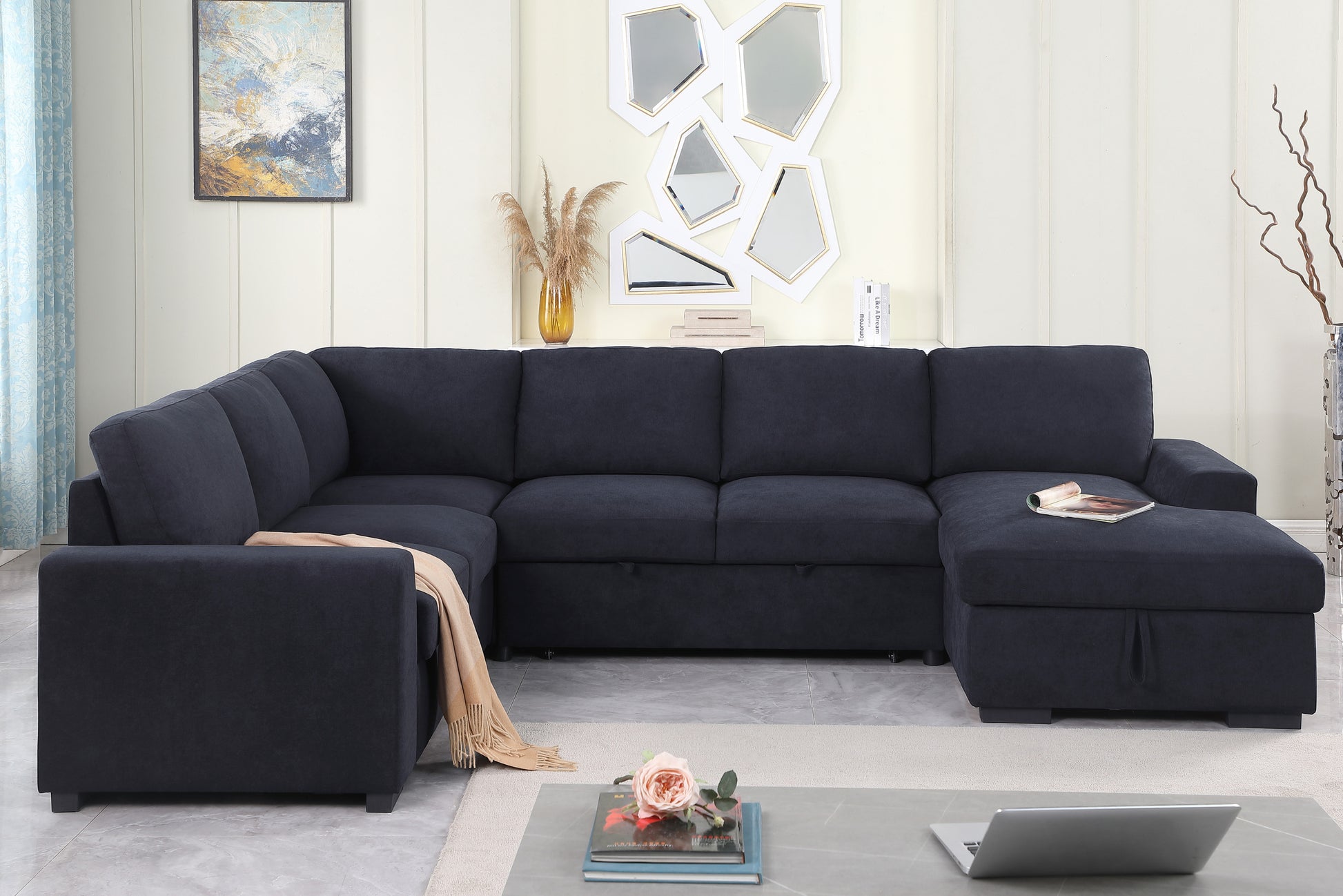 Selene Ii 117.5"W Dark Gray Woven Fabric Sleeper Sectional Sofa With Right Facing Storage Chaise Dark Gray Fabric 6 Seat