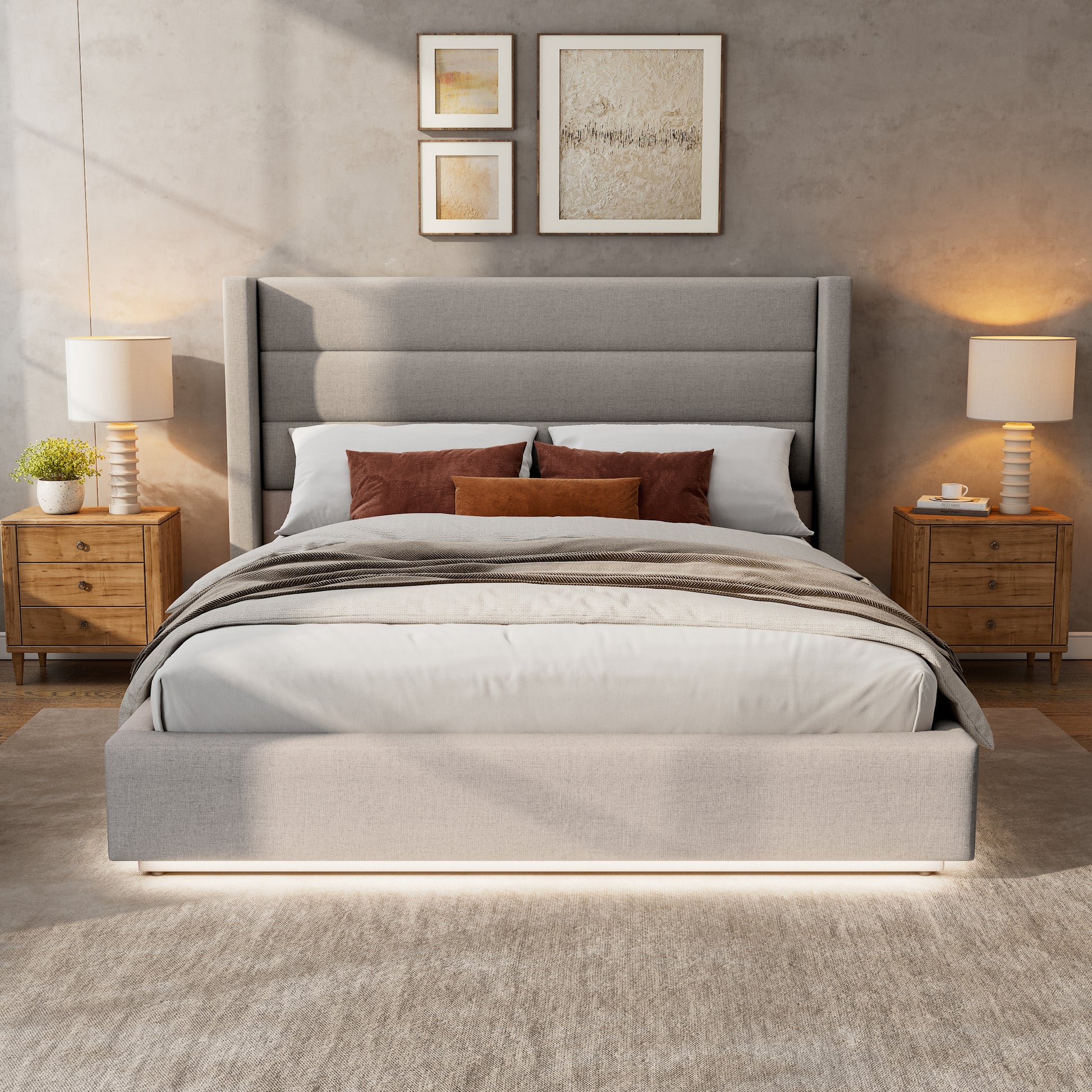 Queen Size Platform Bed With Led Light, Greige Box Spring Not Required Queen Greige Wood Fabric,Plywood,Upholstered
