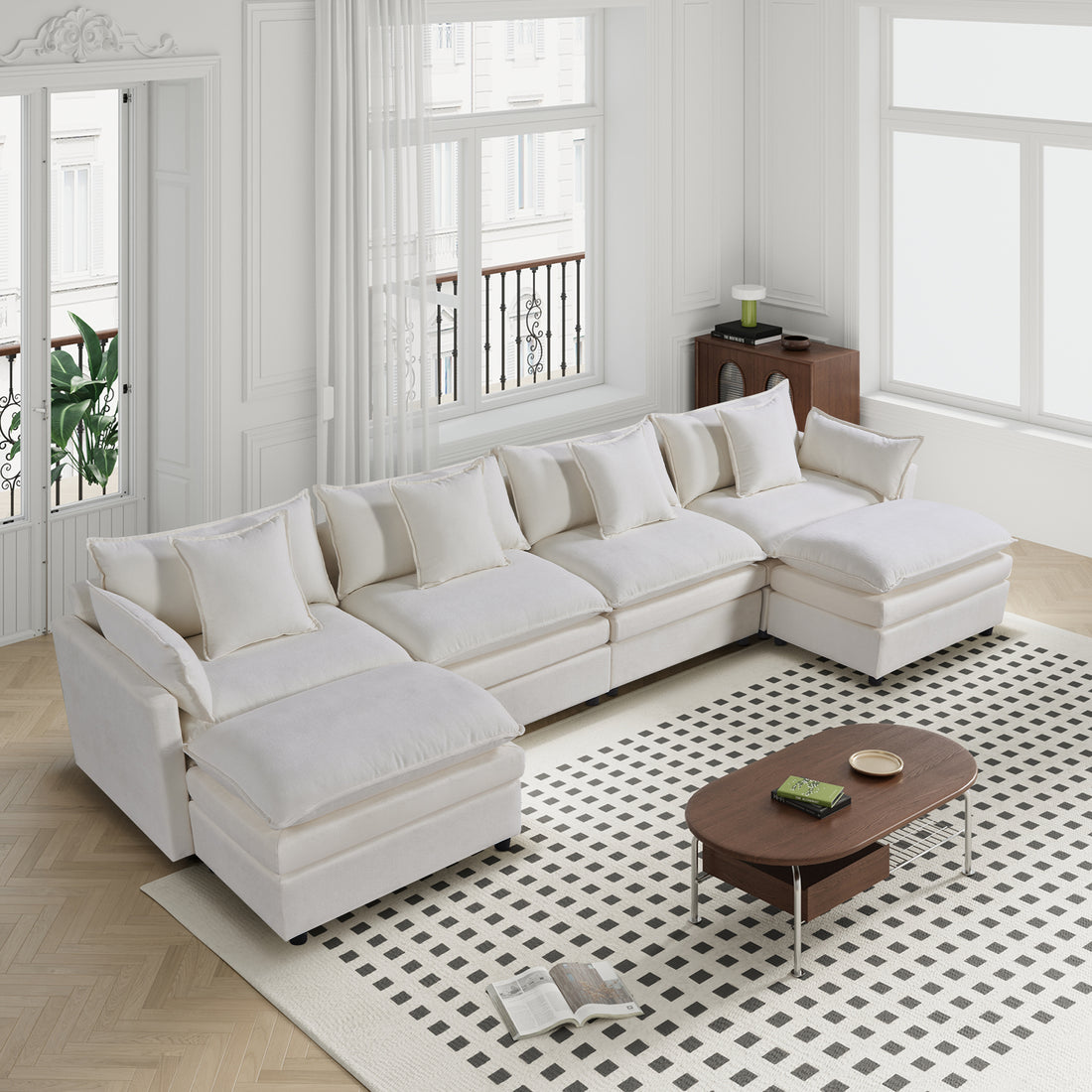 142.52"Modern Chenille U Shaped Sectional Sofa With Convertible Chaise, Comfy Cloud Couch Deep Sectional Sofa With Ottomans For Living Room White Wood Foam Chenille 4 Seat