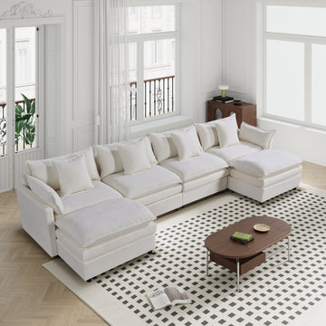142.52"Modern Chenille U Shaped Sectional Sofa With Convertible Chaise, Comfy Cloud Couch Deep Sectional Sofa With Ottomans For Living Room White Wood Foam Chenille 4 Seat