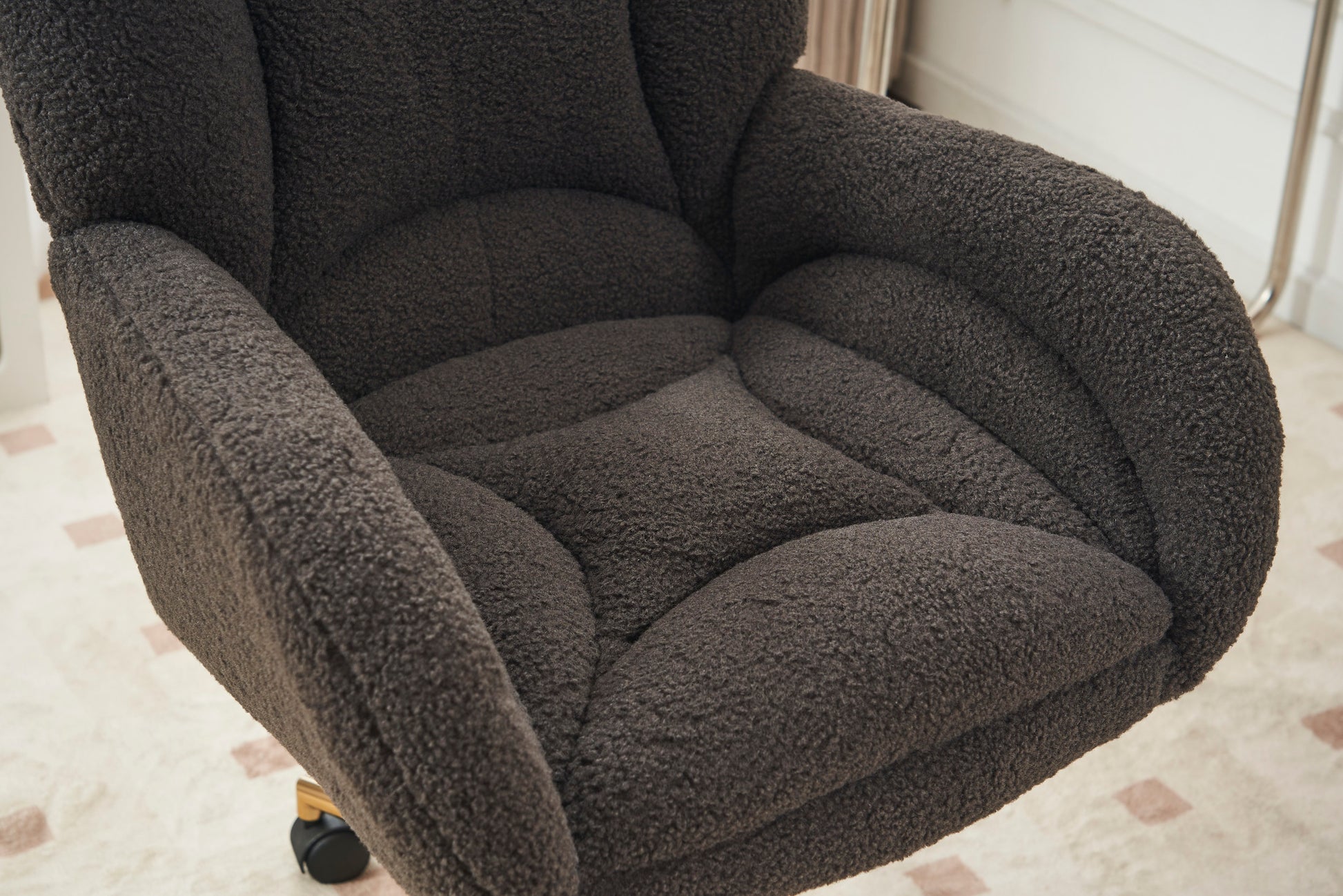 005 Teddy Fabric 360 Swivel Home Office Chair With Gold Metal Base And Universal Wheels,Dark Gray Solid Dark Gray Office Sponge Wipe Clean Modern Office Chairs Tufted Back Foam Swivel Teddy