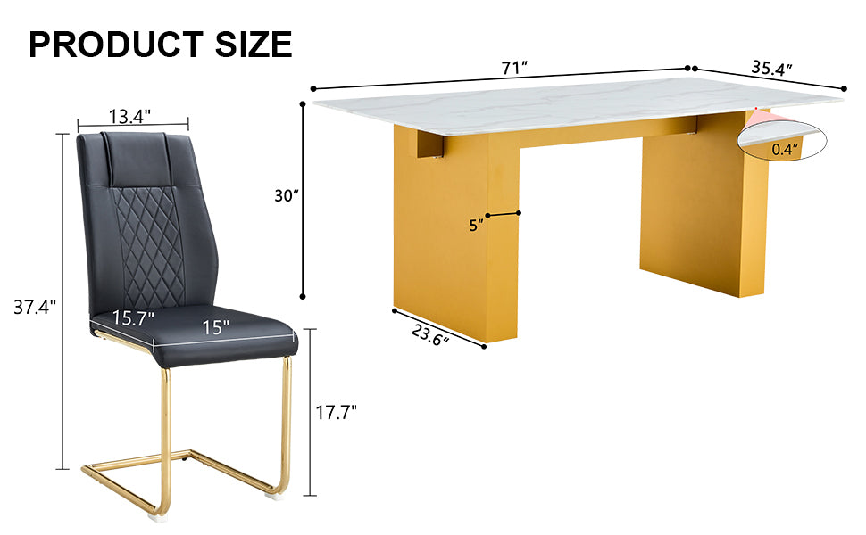 Table And Chair Set.Large Modern Rectangular Table With 0.4 Inch Patterned Glass Tabletop And Large Mdf Table Legs.Comes With 6 Chairs With Faux Leather Cushioned Seats And Golden Metal Legs. Gold White Seats 6 Mdf Glass