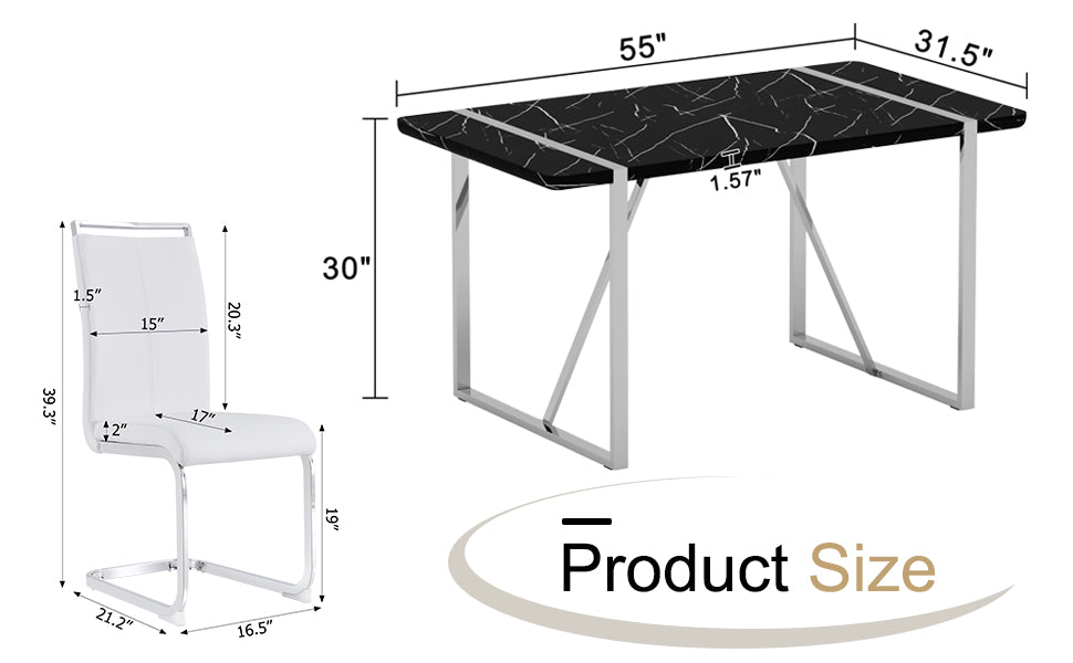 Table And Chair Set.A Rustic Industrial Rectangular Mdf Black Dining Table With Mdf Desktop And Electroplated Silver Metal Legs.Paried With 6 Chairs With Pu Cushion And Metal Legs. White Black Seats 6 Mdf Metal