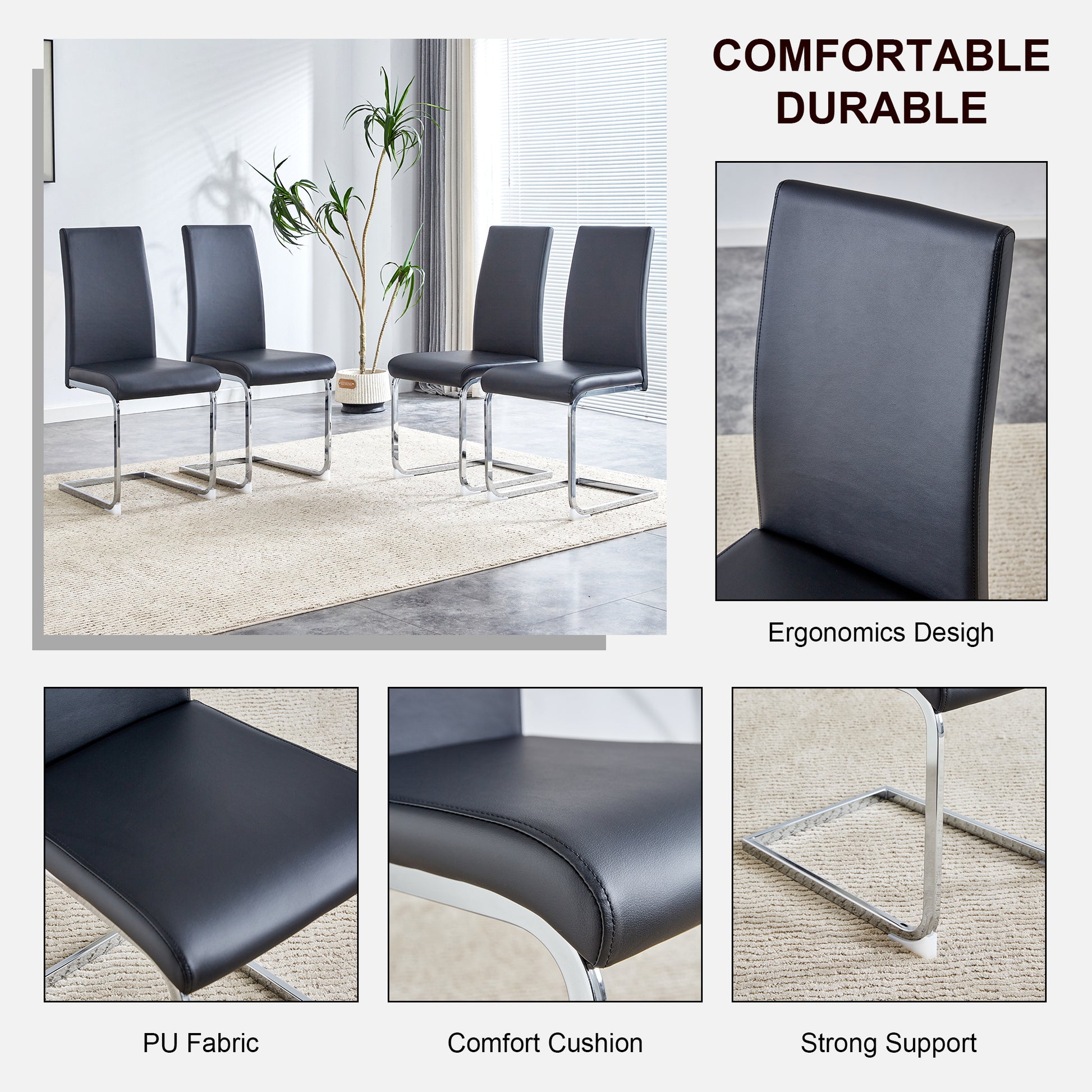 Table And Chair Set, Large Modern Minimalist Rectangular Dining Table, 0.39 Inch Black Imitation Marble Tabletop And Silver Metal Legs, Soft Leather Seats. F 1537 Silver Glass Metal