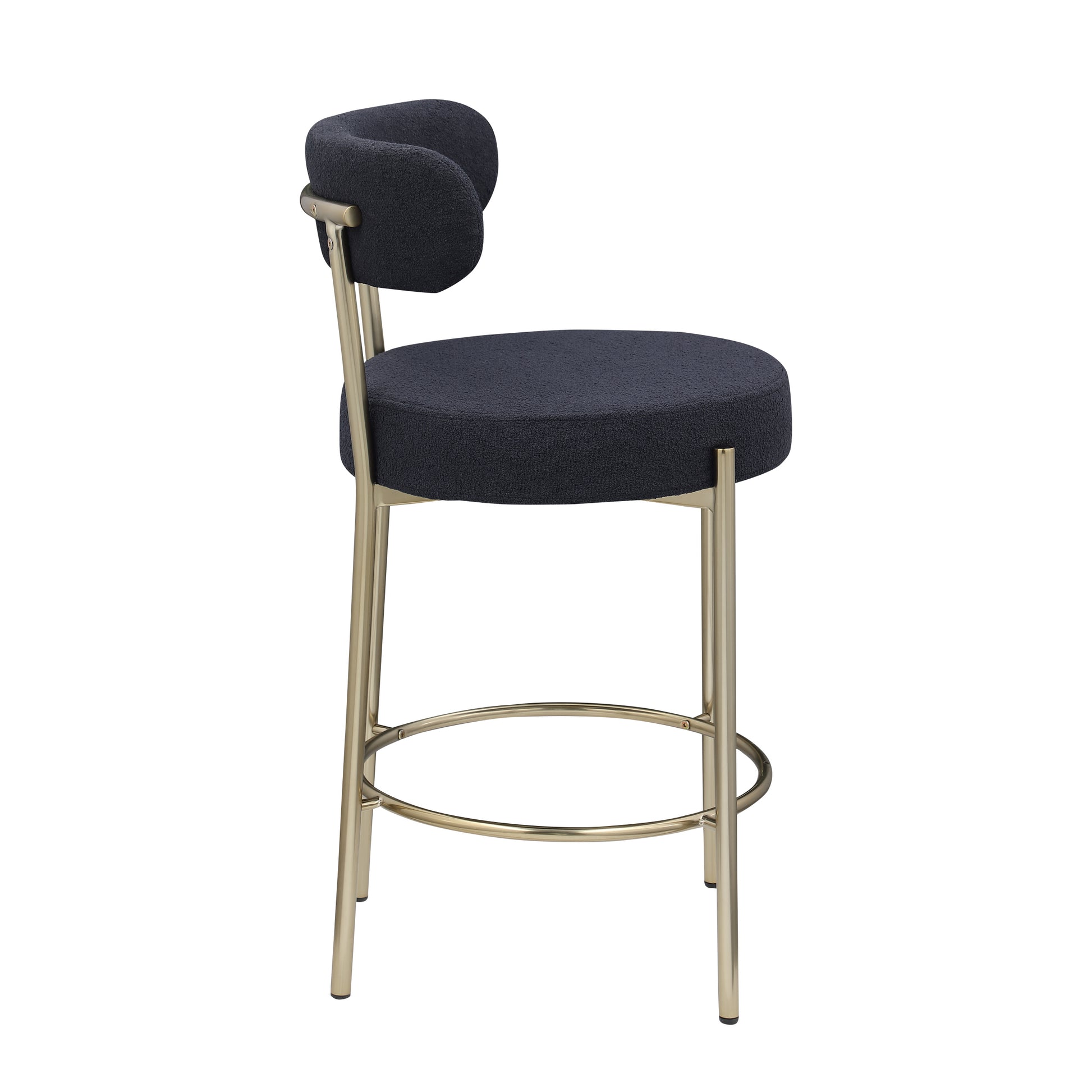 Modern Sherpa Counter Height Stools Set Of 2, Uphsoltered 26" Seat Height Barstools With Brushed Brass Metal Legs Round Low Back Kitchen Stools With Footrest For Dining Room, Black Iron Black Gold Dining Room Foam Round Dining Chairs Foam Metal