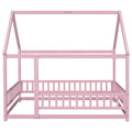 Full Size Floor Wooden Bed With House Roof Frame, Fence Guardrails ,Pink Full Pink Pine