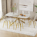 Table And Chair Set.Modern Luxurious White Marble Patterned Tempered Glass Dining Table Set With Transparent Pp Chairs.8 Transparent High Quality Pp Dining Chairs With Golden Legs. White Gold Seats