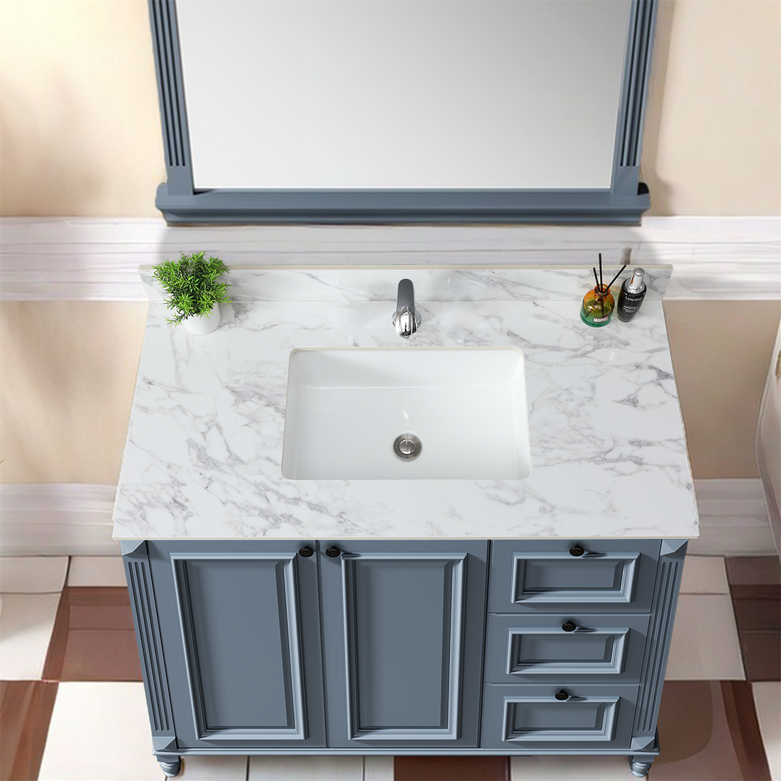 43"X22"Bathroom Vanity Top,Sintered Stone Carra White Barthroom Vanity Sink Tops With Rectangular Undermount Ceramic Sink With Vanity Backsplash, Singe Faucet Hole Bathroom Vanity Countertop White