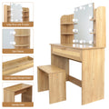 Vanity Desk Set Stool & Dressing Table With Led Lighting Mirror Drawer And Compartments Modern Wood Cosmetic Table Chest Of Drawers Nature Color Natural Wood Particle Board