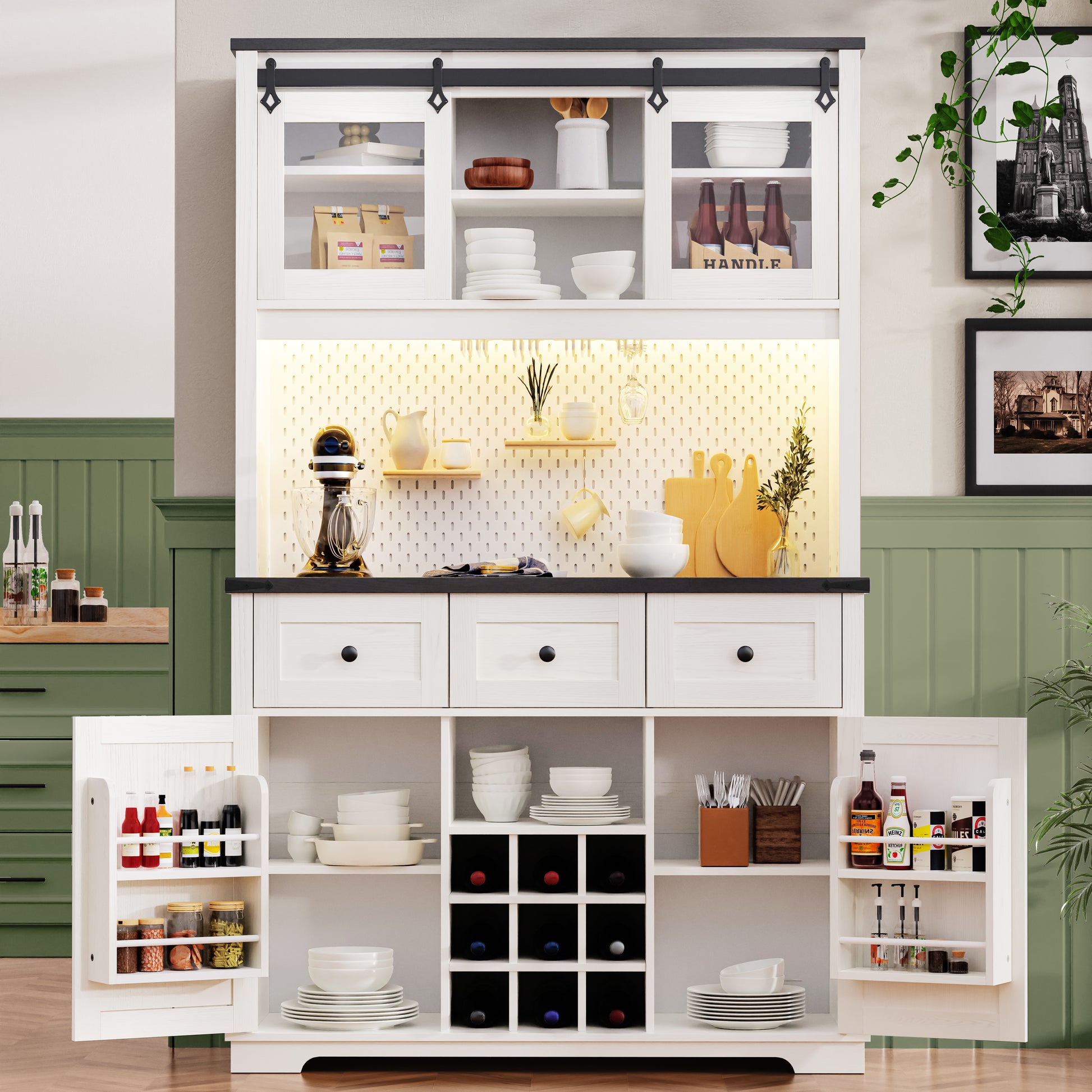 K&K 71" Farmhosue Pantry Bar Cabinet With Internal Storage Rack,Kitchen Cabinet With Hutch,Sliding Door,Power Outlet,Pegboard,Wine & Glasses Rack,3 Drawers,Rustic Coffee Bar Storage Cabinet,White Oak White Oak White Kitchen American Design,American