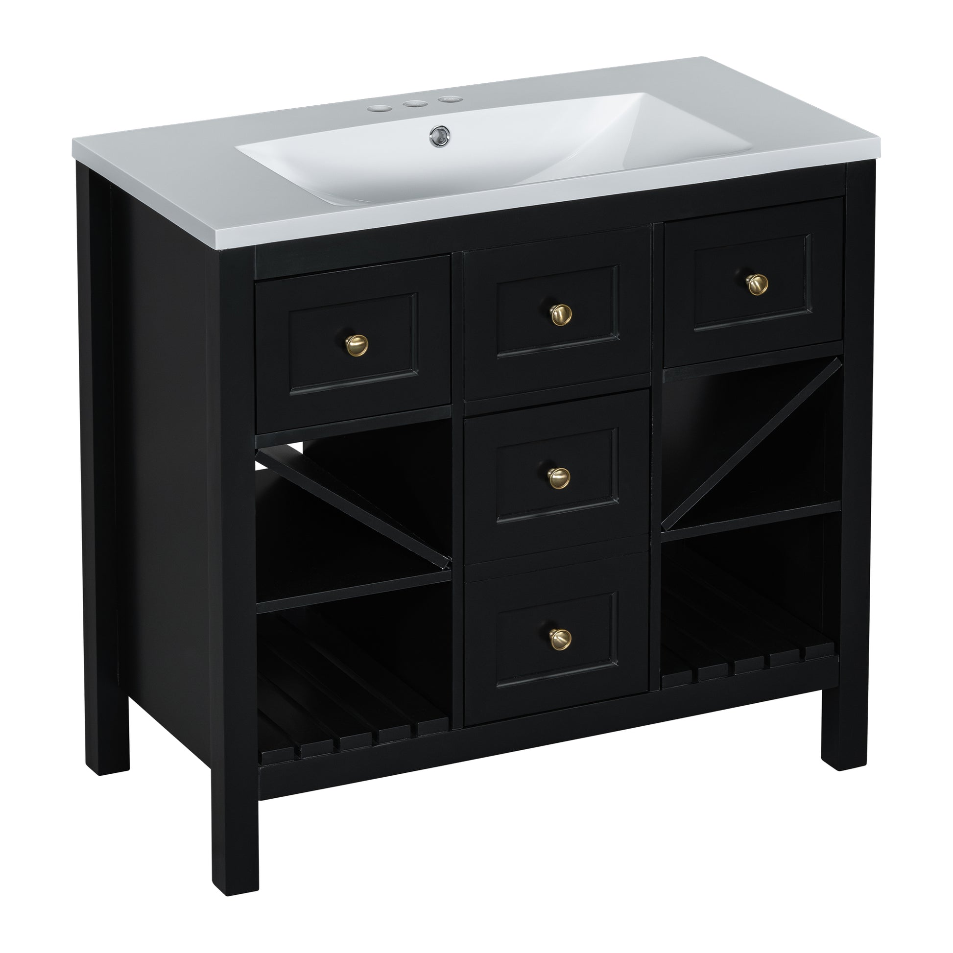 36'' Bathroom Vanity With Resin Sink Combo, Solid Wood Frame Bathroom Storage Cabinet, Freestanding Vanity Set With 5 Drawers& Soft Closing Doors Same As Sw000141Aab Black Bathroom Solid Wood Mdf Resin