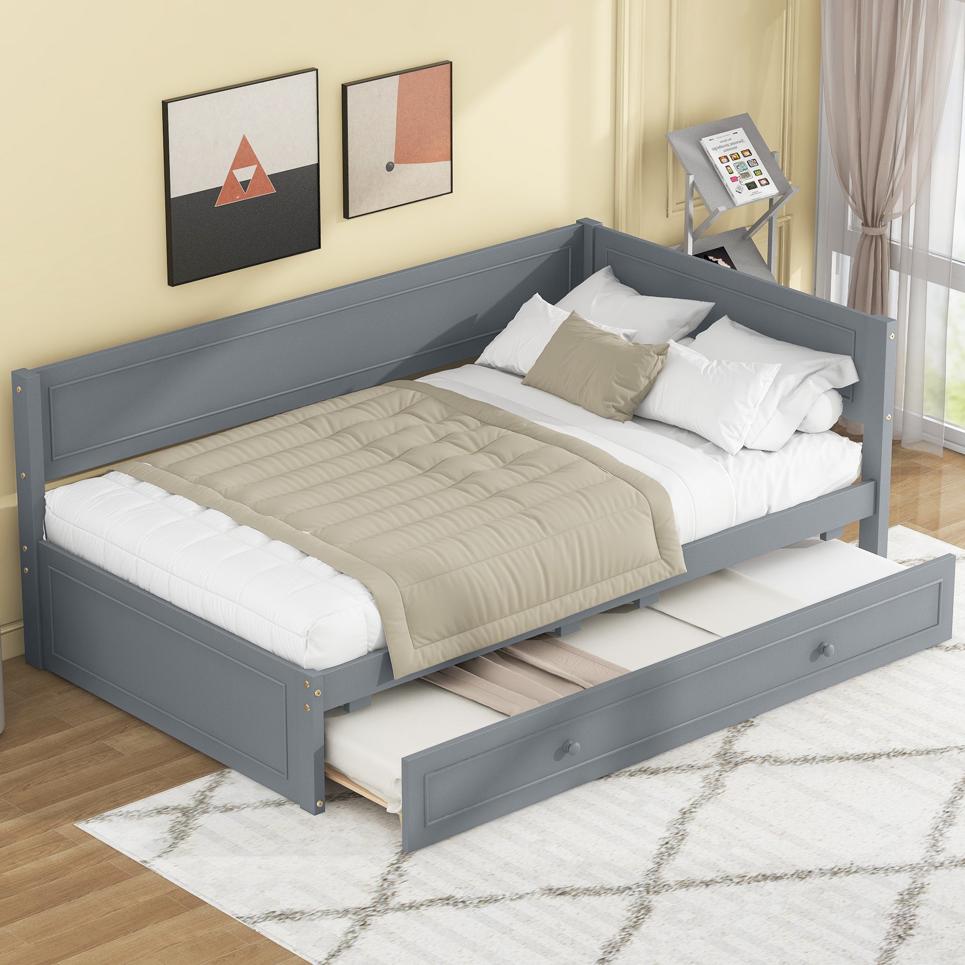 Twin Size Wood Daybed With Trundle And Guardrail, Gray Box Spring Not Required Gray Wood Solid Wood Mdf