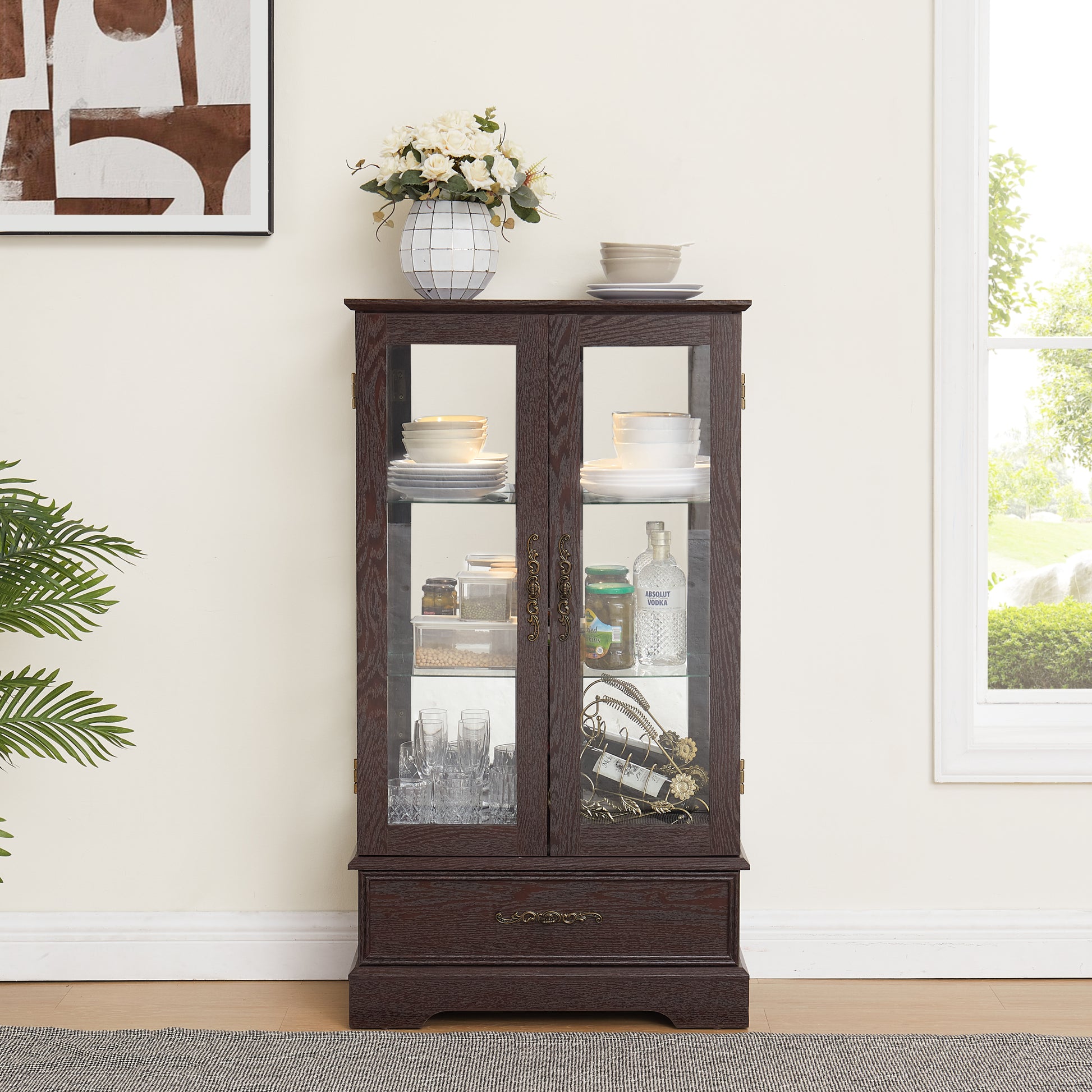 Glass Cabinet Lighted Glass Cabinet Curio Display Cabinet With Adjustable Glass Shelves 2 Doors And 1 Drawer Cabinet Bulb Included Cherry Cherry Mdf Glass