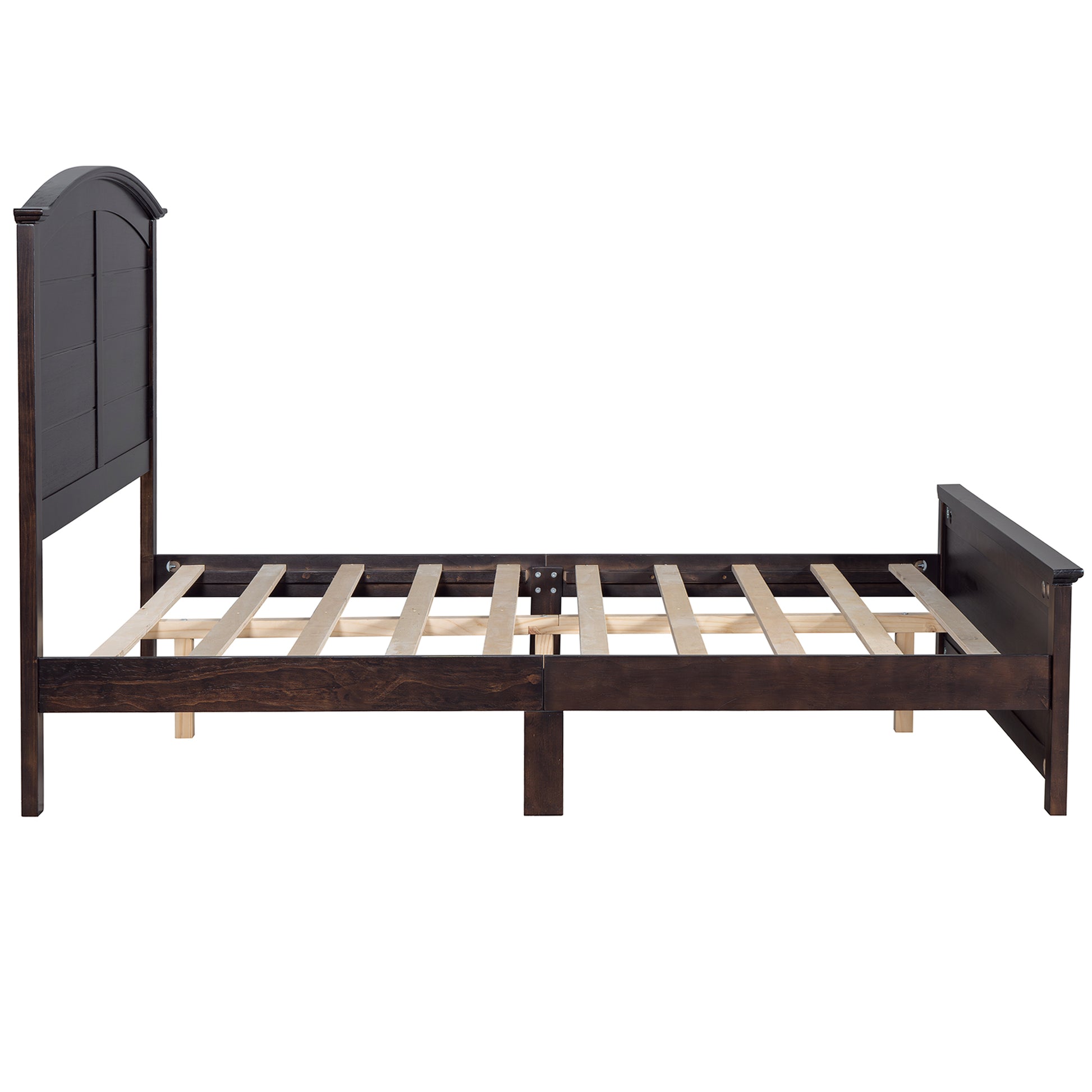 Farmhouse Wooden Platform Queen Size Bed With Curl Design Headboard And Footboard For Teenager, Espresso Queen Espresso Pine