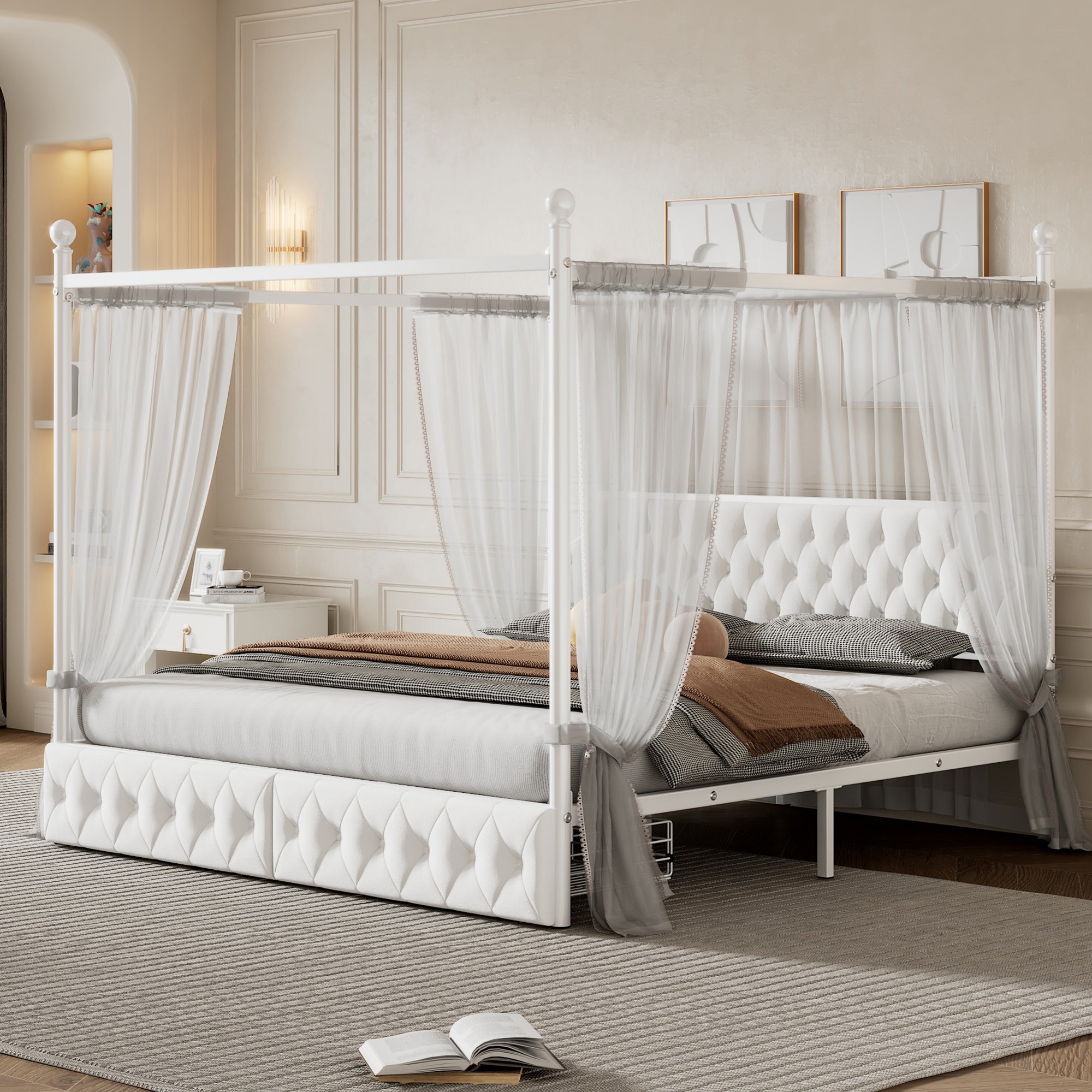 King Size Metal Canopy Platform Bed With Upholstered Headboard And Two Storage Drawers, White King White Metal