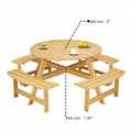 Outdoor 8 Person Picnic Table, 8 Person Round Picnic Table With 4 Built In Benches, Umbrella Hole, Outside Table And Bench Set For Garden, Backyard, Porch, Patio, Natural Natural Wood Metal