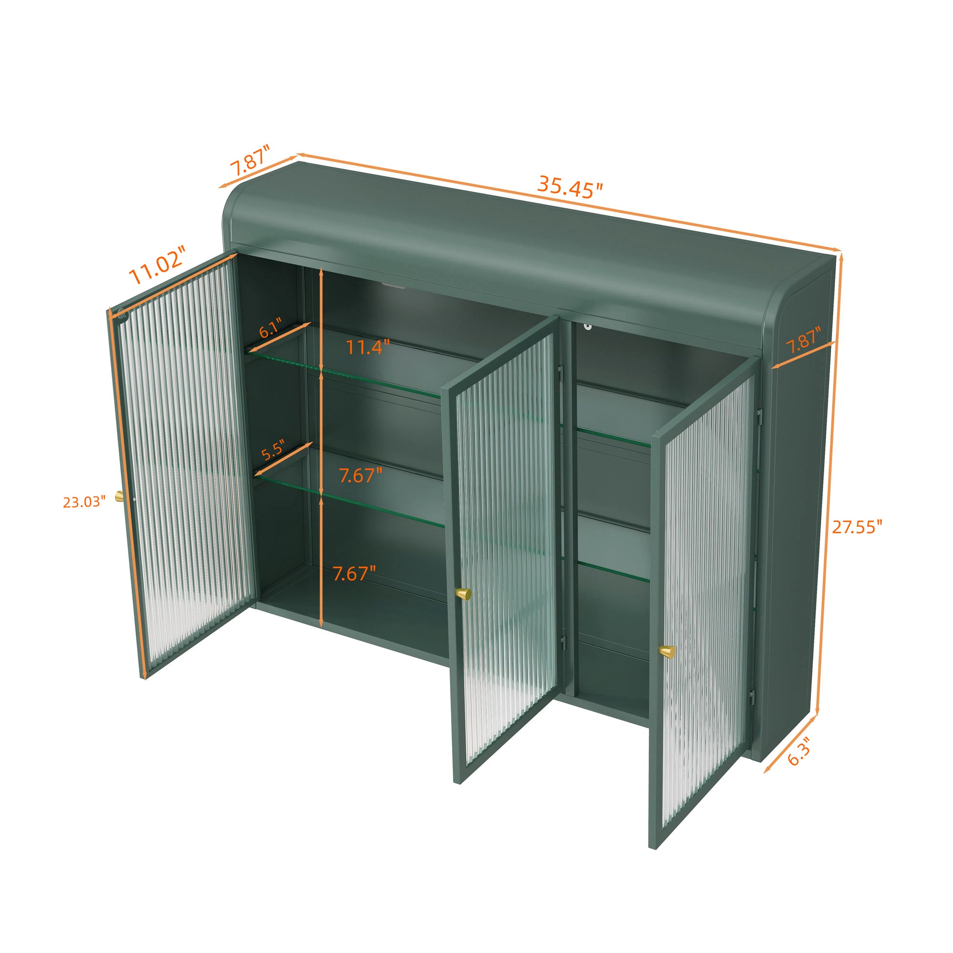3 Door Arched Wall Mounted Glass Cabinets For Kitchen, Living Room And Bathroom Dark Green Dark Green Glass Metal