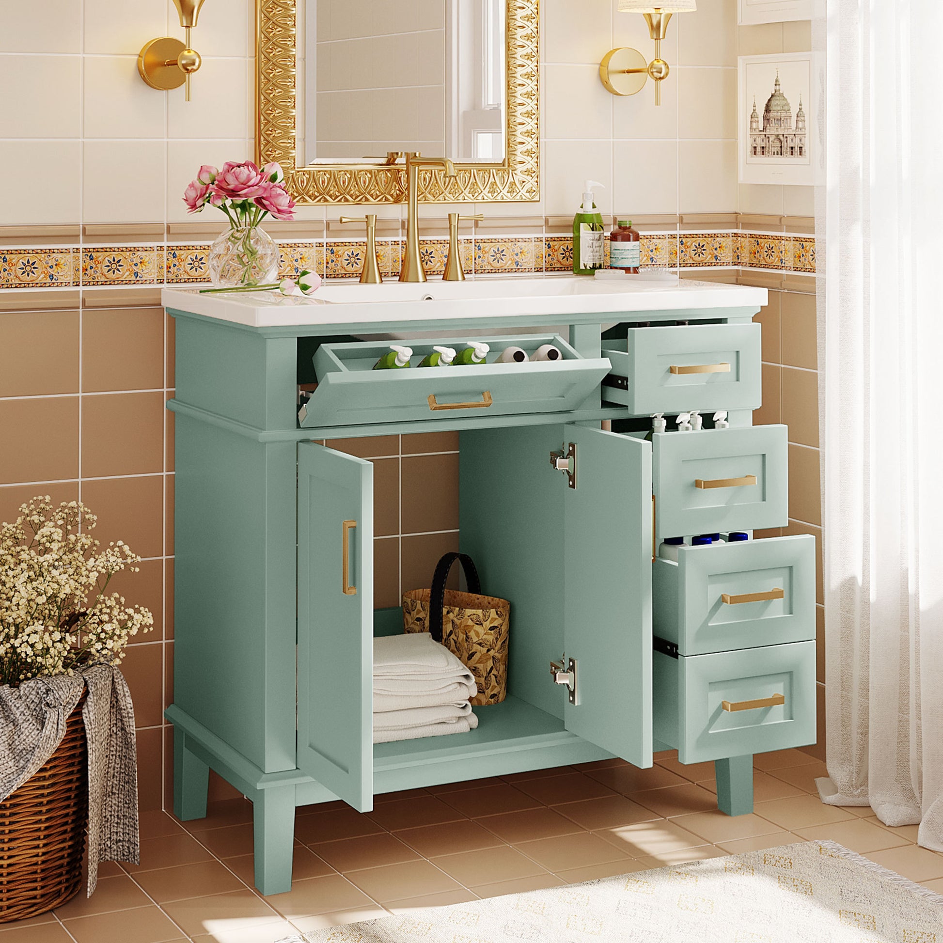 36 Inch Bathroom Vanity With Resin Sink, Modern Bathroom Cabinet In Green, Featuring Two Soft Close Doors And Four Drawers Green Bathroom Solid Wood Mdf Resin