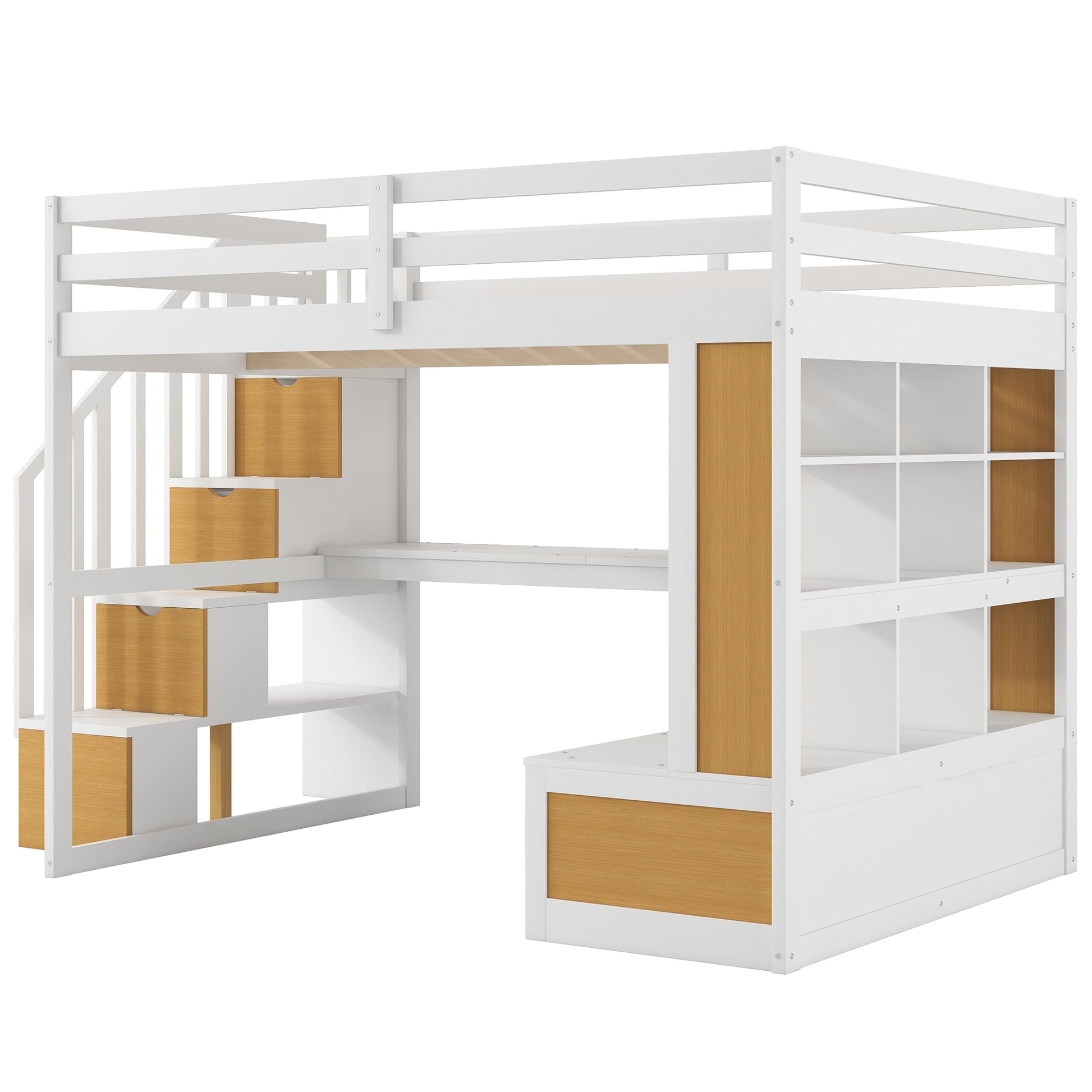 Full Size Loft Bed With Desk And Shelves, Two Built In Drawers, Storage Staircase, White And Natural Full Natural White Plywood,Solid Wood Mdf