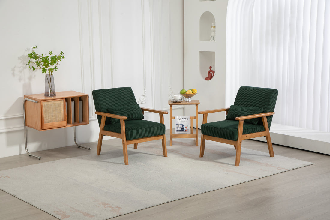 Leisure Chair With Solid Wood Armrest And Feet, Leisure Chair, Wood Frame, Velvet, Solid Rubber Wood Legs, Mid Century Modern Accent Chair, For Living Room Bedroom Studio Chair,Two Packs Emerald Corduroy