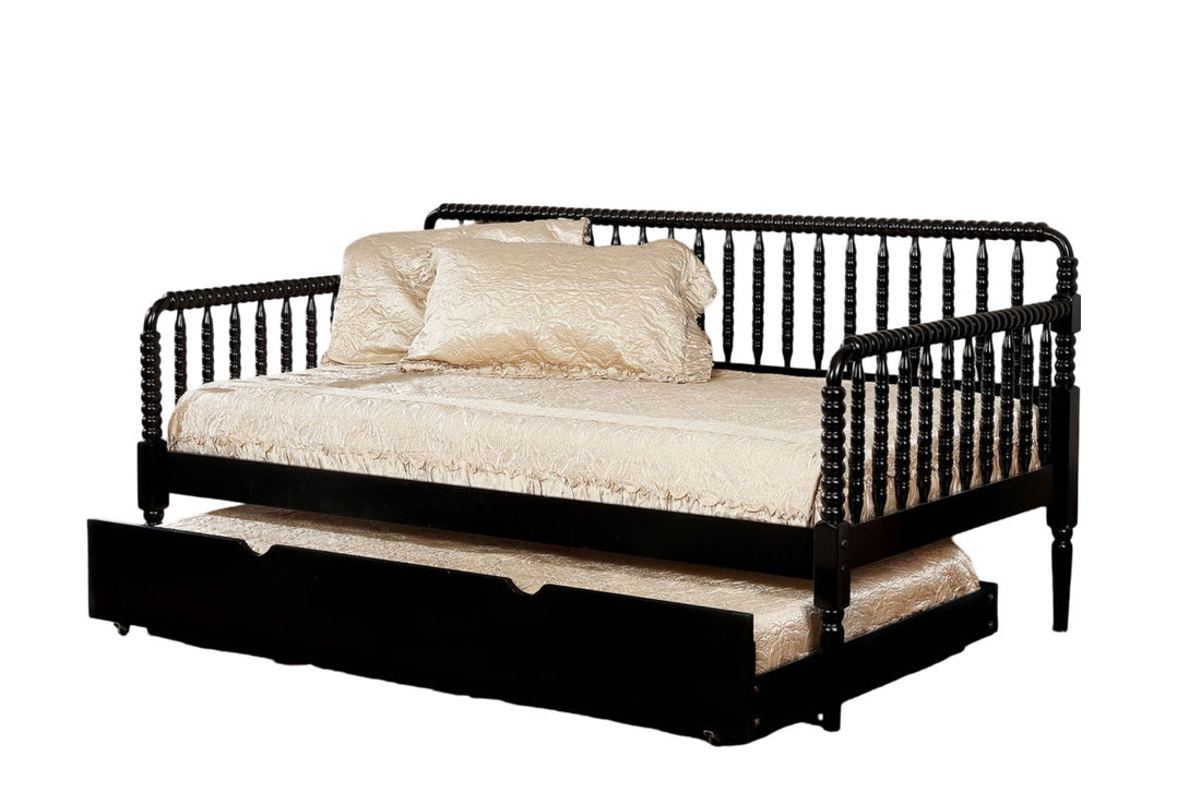 Black Wooden Twin Day Bed Unique Design Railing Headboard Platform Bed 1Pc Day Bed W Trundle Twin Black Wood Bedroom Antique,Classic,Traditional Solid Wood