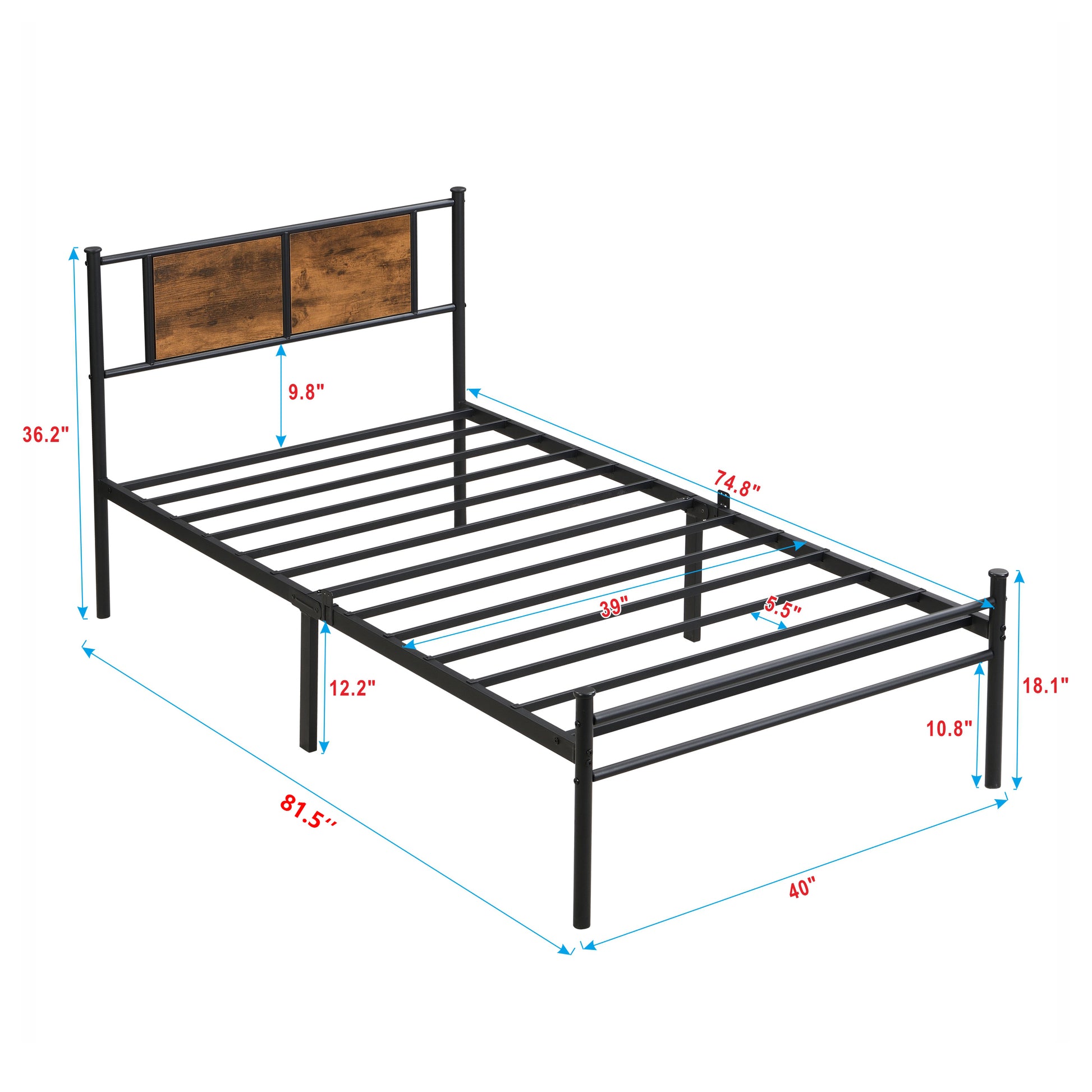 Twin Xl Size Metal Bedframe,Headboard With Wood Panel Decoration,Black Black Brown Metal