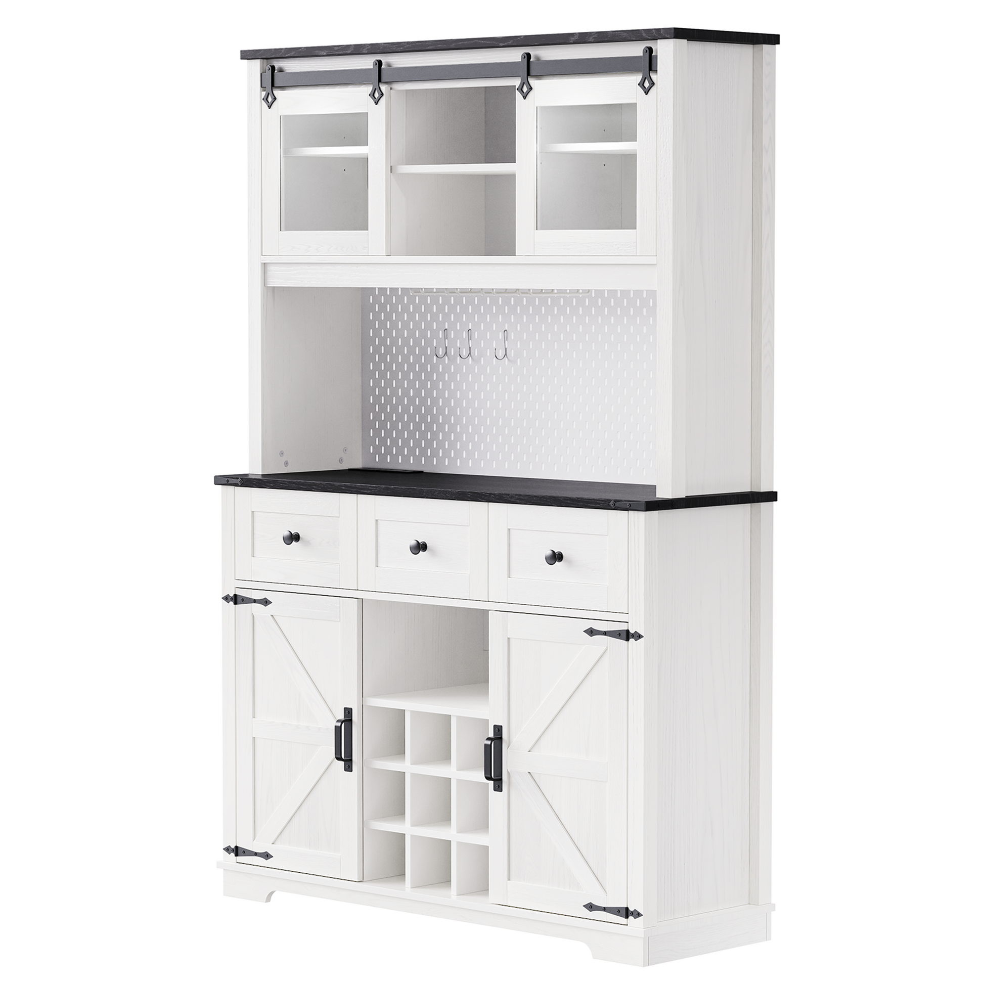 K&K 71" Farmhosue Pantry Bar Cabinet With Internal Storage Rack,Kitchen Cabinet With Hutch,Sliding Door,Power Outlet,Pegboard,Wine & Glasses Rack,3 Drawers,Rustic Coffee Bar Storage Cabinet,White Oak White Oak White Kitchen American Design,American