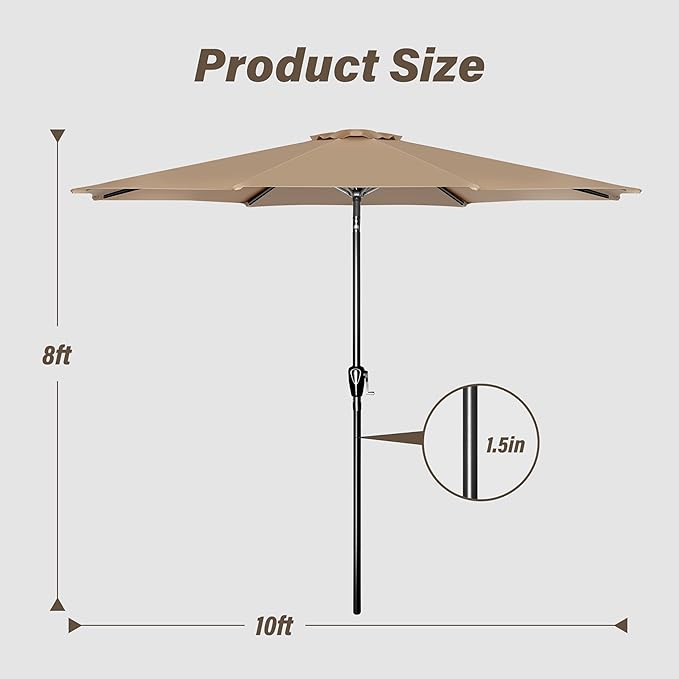 10Ft Outdoor Market Patio Umbrella With 8 Sturdy Ribs, Tilt Crank Push Button For Garden, Deck, Backyard And Pool Tan Stainless Steel