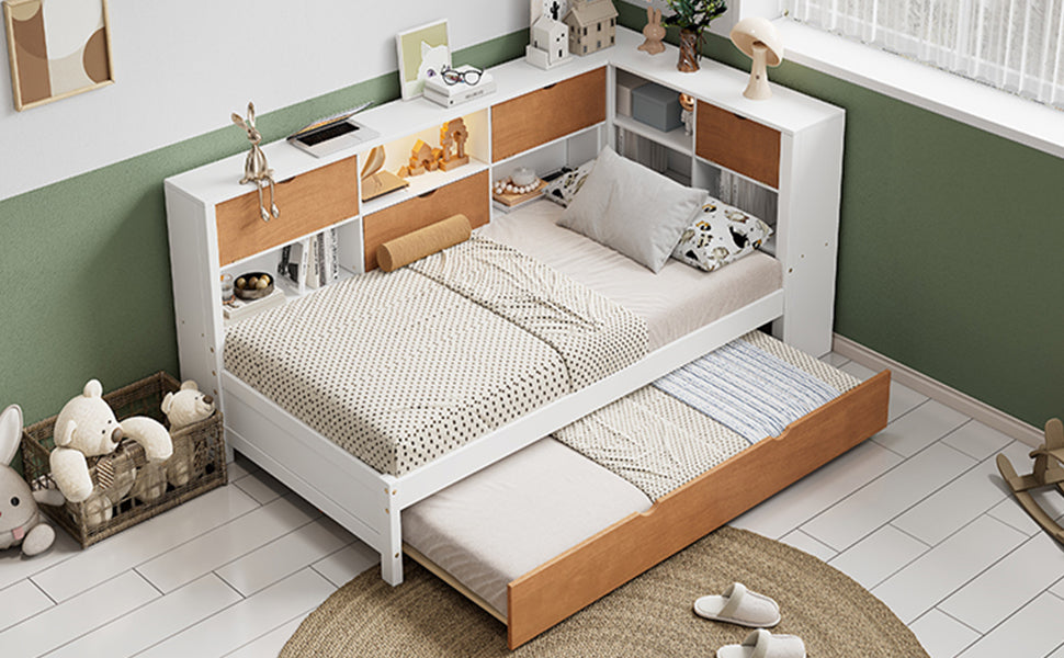 L Shaped Bed Frame With Trundle And And Bookcase,Corner Bed Wooden Captain Bed With Led Downlight And Usb Port For Small Room,Bedroom, Guest Room, Full Size, Walnut And White Box Spring Not Required Full White Walnut Wood Bedroom Modern Pine Bed Frame