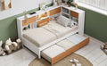 L Shaped Bed Frame With Trundle And And Bookcase,Corner Bed Wooden Captain Bed With Led Downlight And Usb Port For Small Room,Bedroom, Guest Room, Full Size, Walnut And White Box Spring Not Required Full White Walnut Wood Bedroom Modern Pine Bed Frame