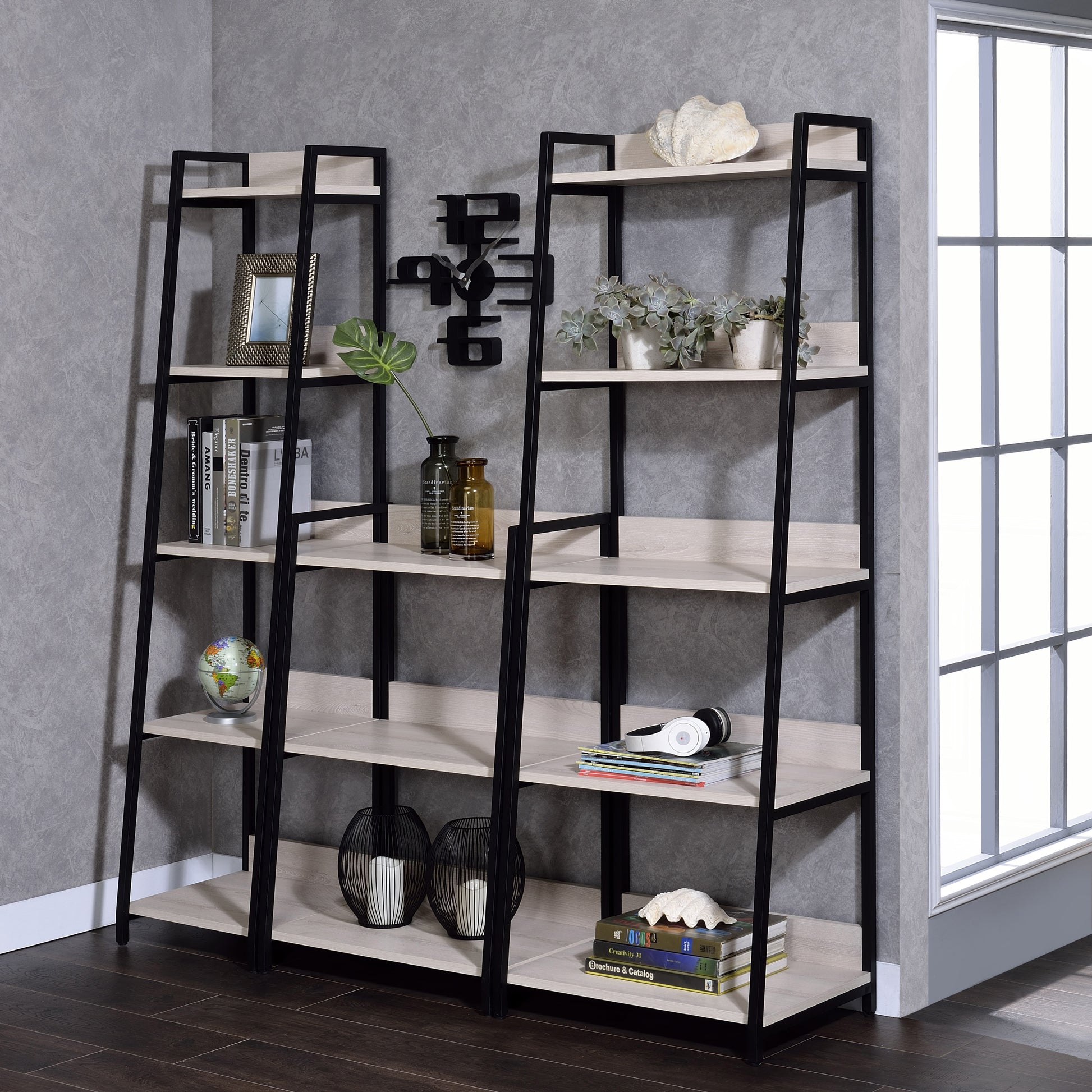 Natural And Black 5 Tier Ladder Bookshelf 5 Natural Black Horizontal Primary Living Space Open Back Industrial Adjustable Shelves Wood Metal