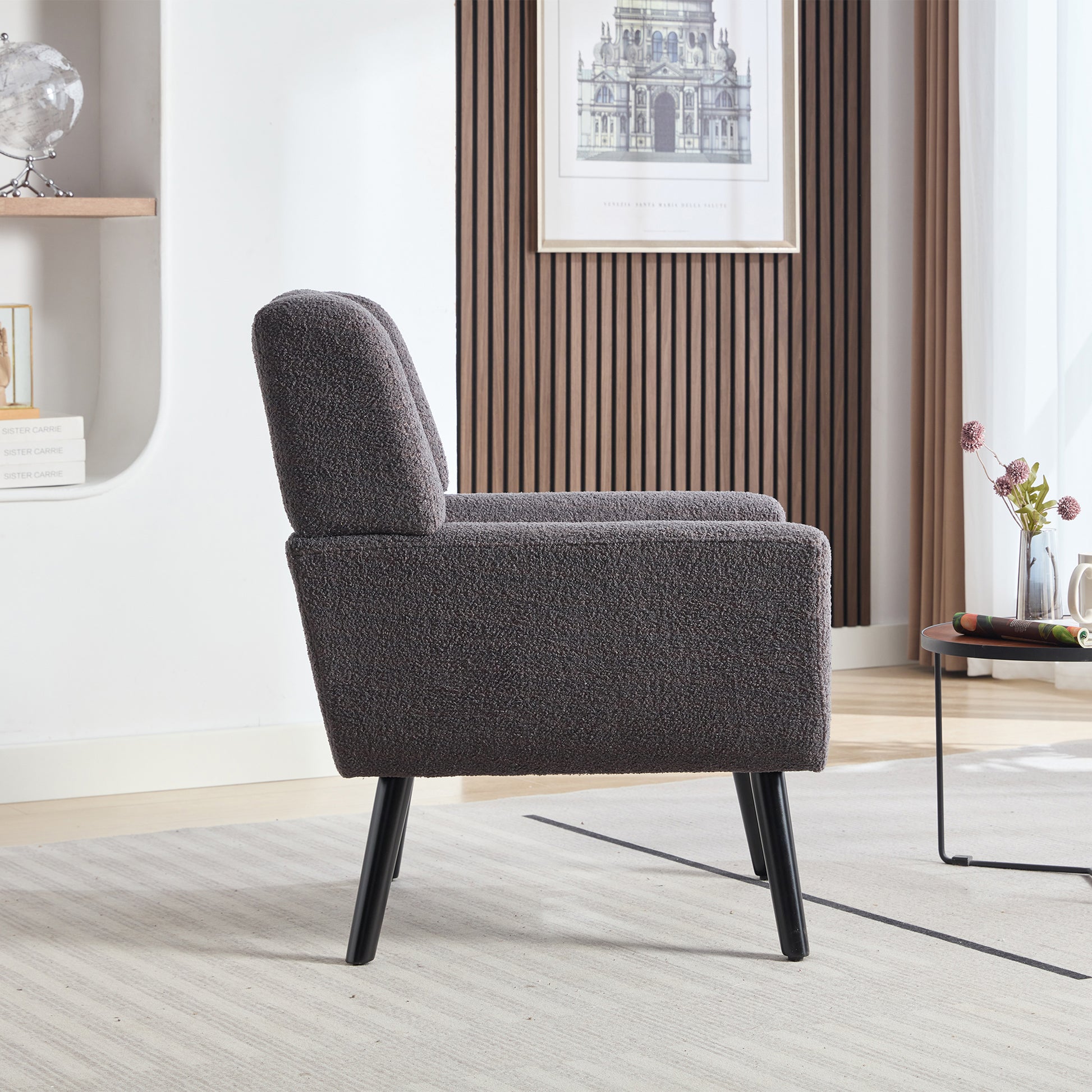 Modern Soft Teddy Material Ergonomics Accent Chair Living Room Chair Bedroom Chair Home Chair With Black Legs For Indoor Home Grey Teddy Fabric Grey Foam Upholstered