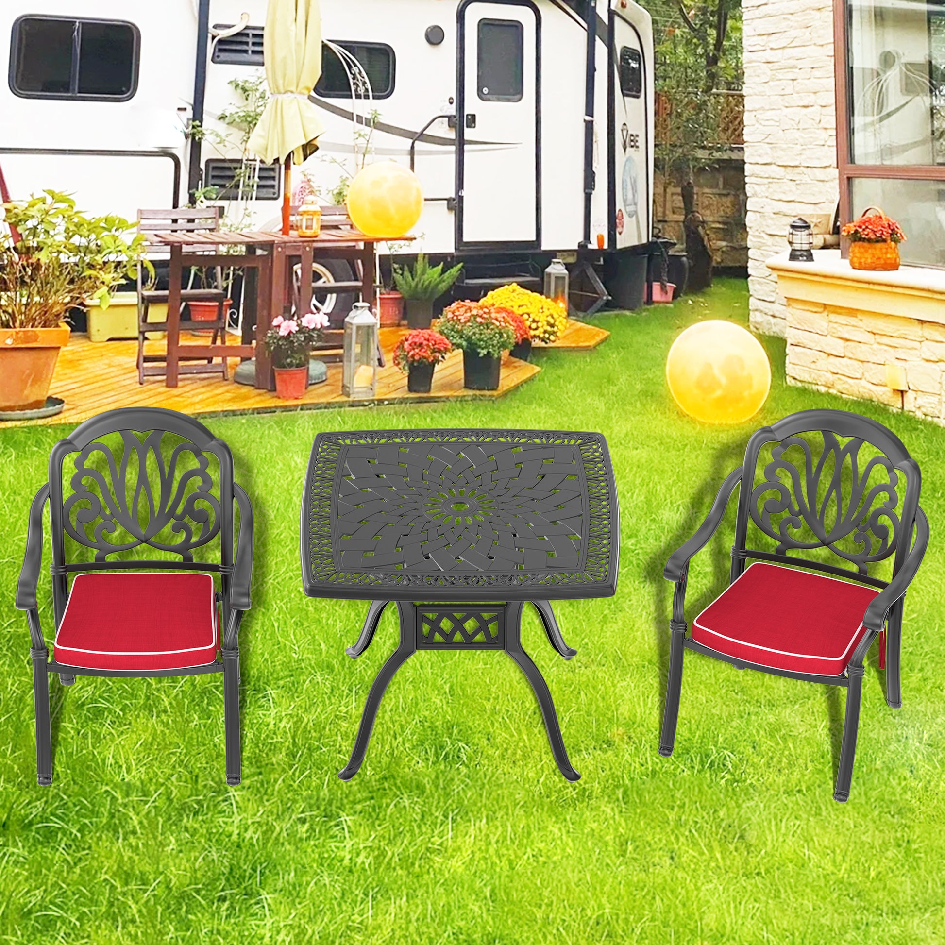 Cushions In Random Colors 3 Piece Set Of Cast Aluminum Patio Furniture With Cushions Yes Dining Set Black Seats 2 Rust Resistant Frame Water Resistant Cushion Garden & Outdoor Complete Patio Sets Aluminium