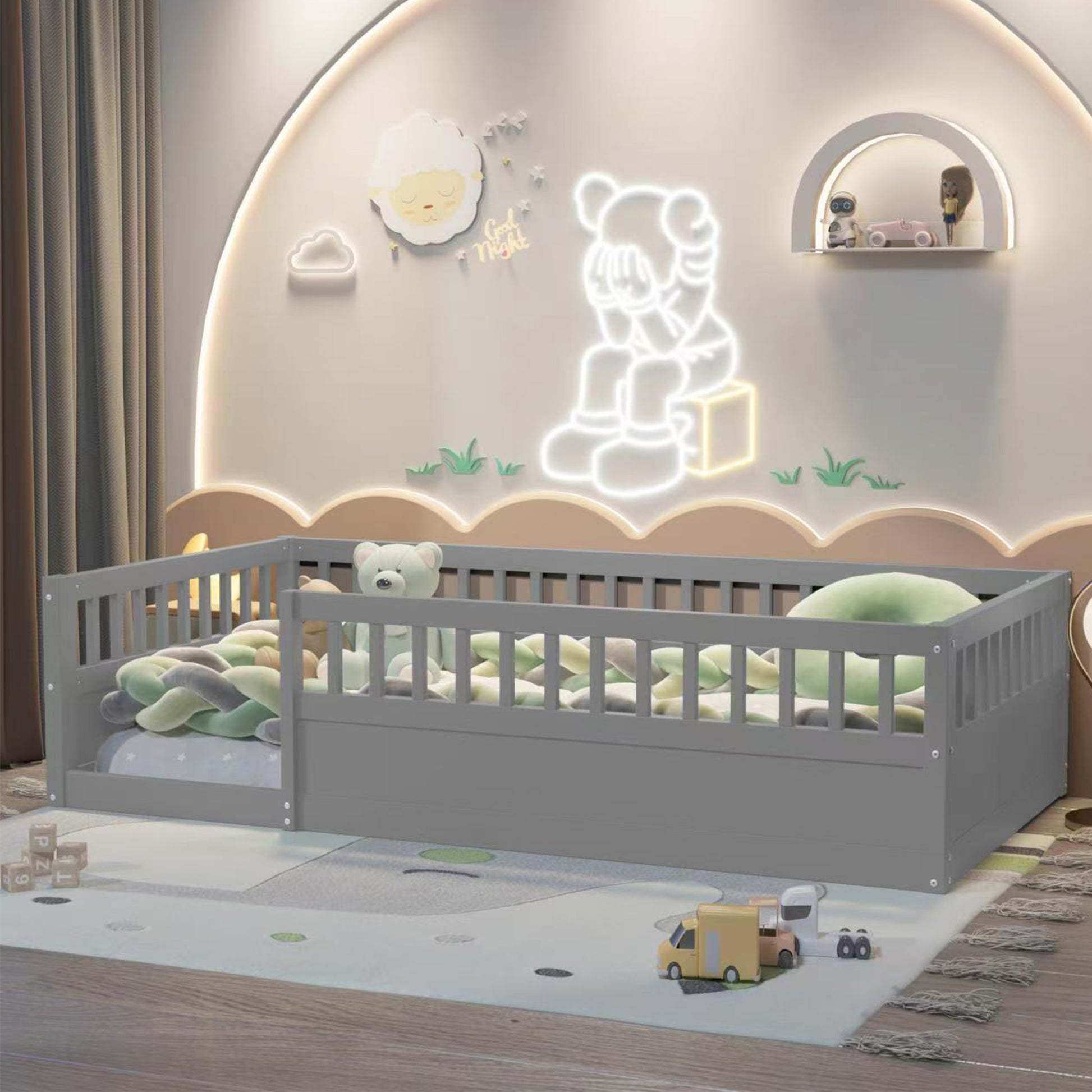 Twin Floor Bed Frame With Fence, Wood Kids Floor Beds Frame For Bedroom Playroom,Gray Expect Arrive Date Jun. 21St Twin Grey Pine