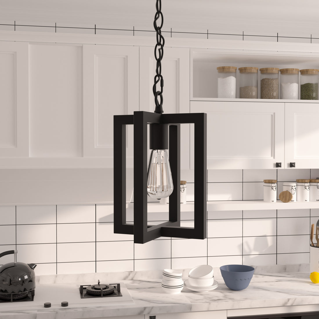 1 Light Living Room Steel Lantern Dimmable Farmhouse Pendant Ul Certified Black Ceiling Lights Steel Metal